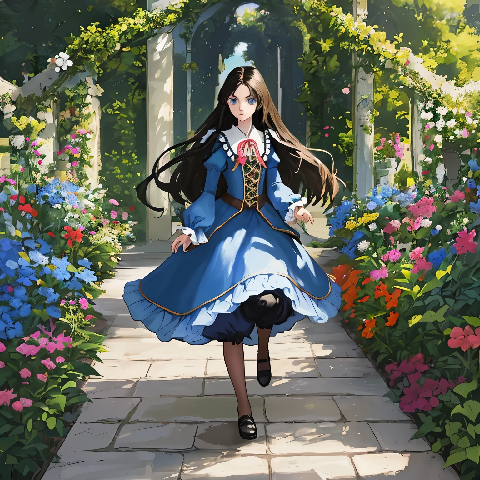 In the garden there is a tall Girl with brown long hair and blue eyes dressed in a Blue dress of the 17th century, a boy of 4  with black hair and black hair dressed in expensive clothes is running ahead. 