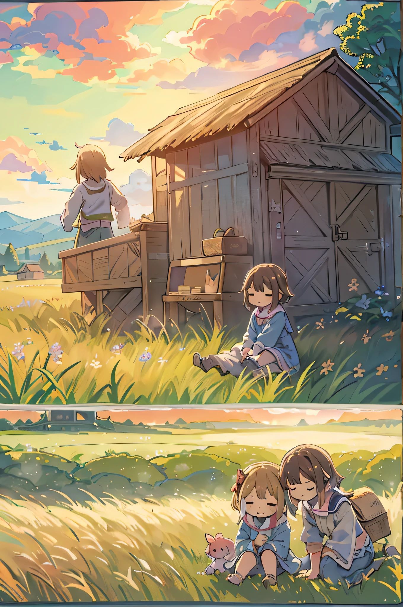 Makoto Shinkai style、cute、8 year old girl、best smile、Chibi, beautiful anime scene, rural scenery, Field Background, beautiful anime scenery, Beautiful peace scene in anime, agriculture、farmer、 Sleep with a happy face on the grass、breeze
