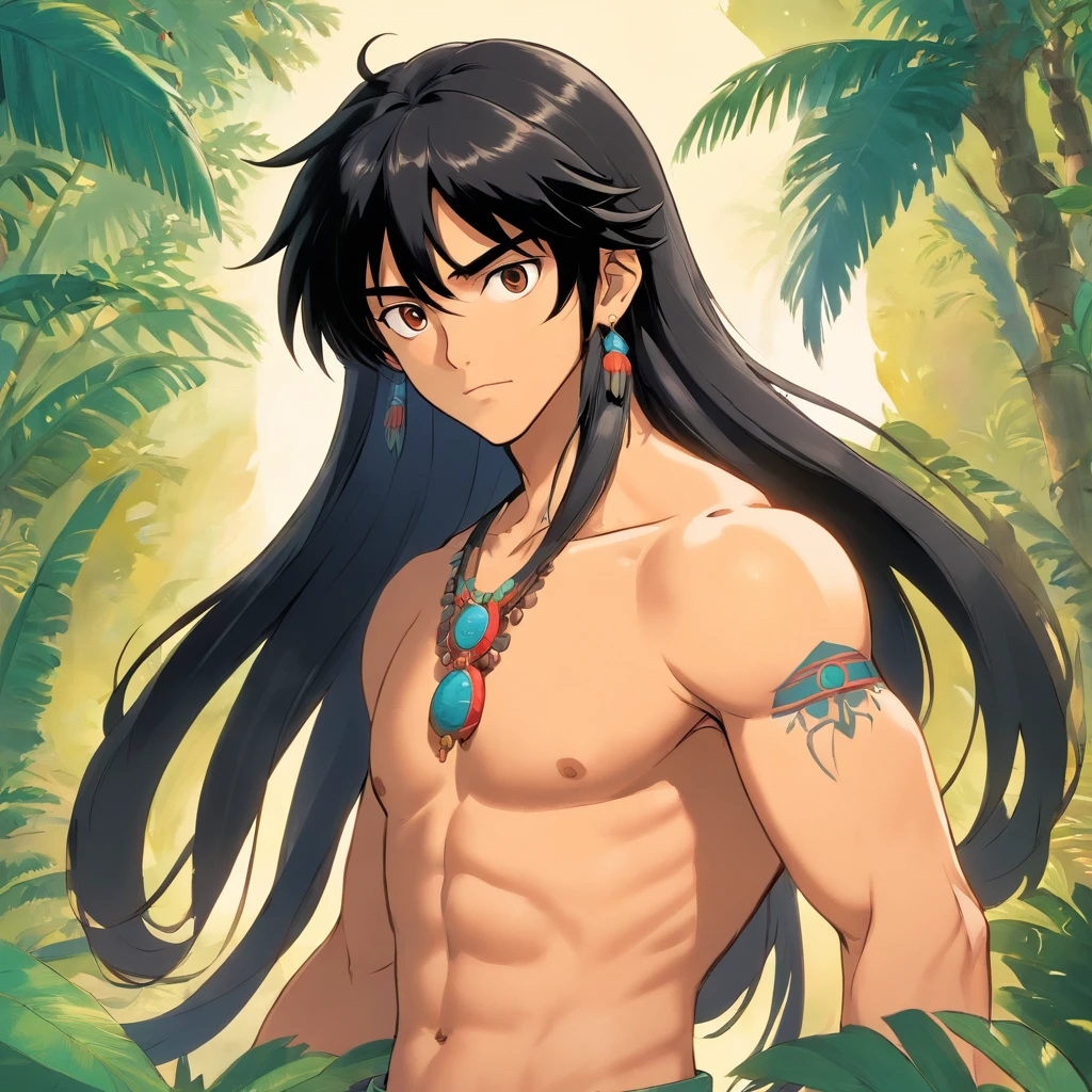 Colombia, year 300 AD, vintage metal embossing in the sexy male native south american style of the time, Cacique, 33-year-old man. long, straight black hair down her back. Full-length-type image
