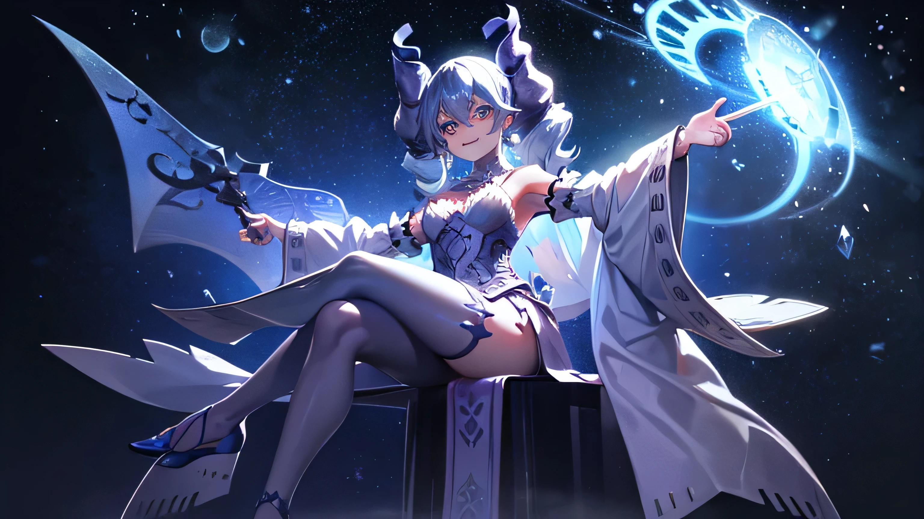 1girl, labrynth, full body, glowing, glowing eyes, happy) (digital) (crossed legs style in detailed ) , best quality, masterpiece, looking at viewer, smile, shenhedef, shenhernd