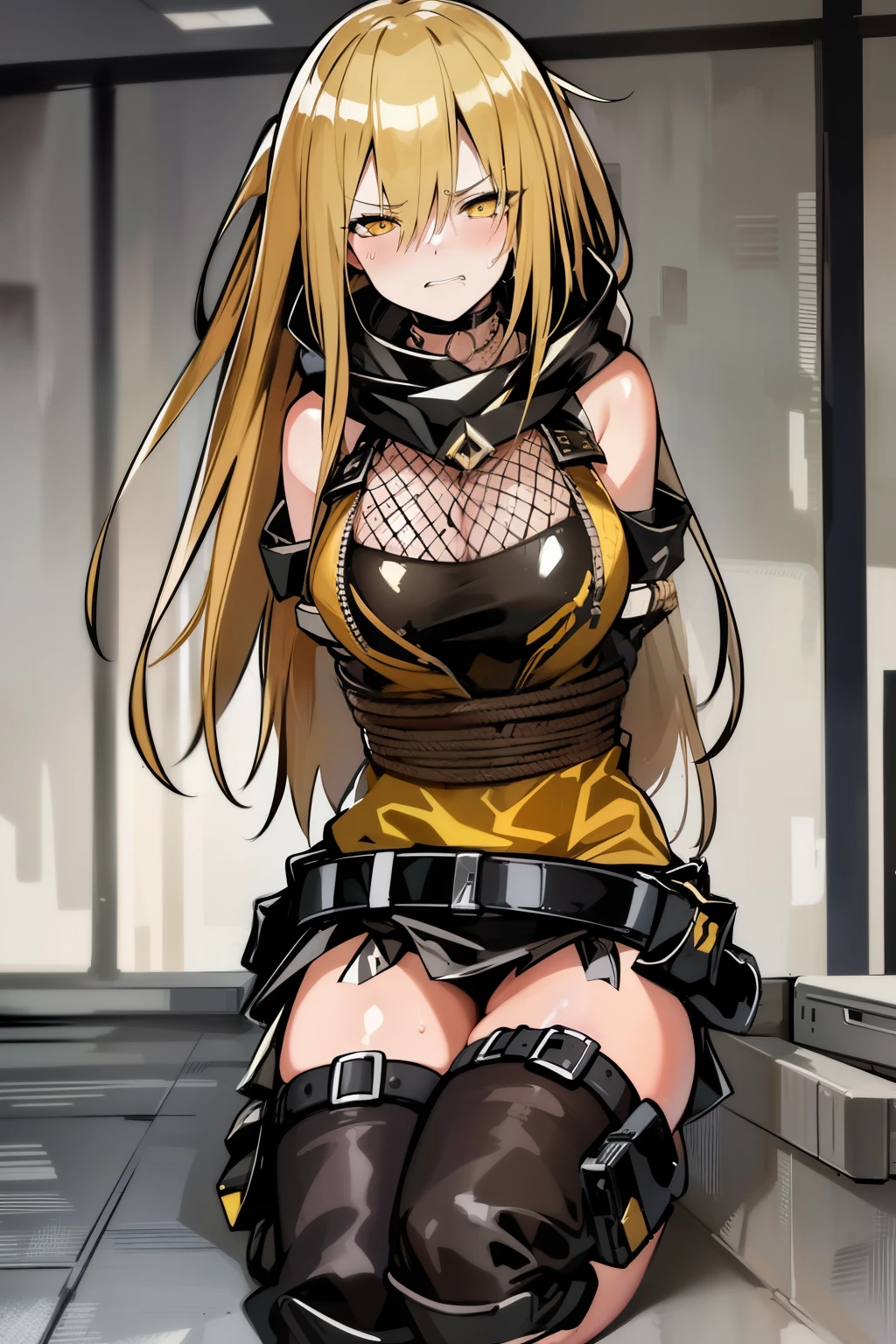 (Best Quality, masutepiece:1.2), 超A high resolution, (((hands tied behind))), (((arms behind back))), ((Shibari)), (((closed one eye))), (winking), wink, Wrapped in a rope, ((((Bondage)))), ((Rope Bondage)), Exquisite details and textures, ((The rope is wrapped around the body many times)), ((brown Rope)), Bondage, fishnet, sweat, clenching, scowl, teeth, Exquisite details and textures, Bondage, Origen, 1girl in, Solo, Detailed face, large full breasts, Yellow hair, (Yellow Eye), (Fishnet), cleavage, Black hood, Black thighs, Black groove, wariza, Sitting on the floor, Thigh high socks, blush, full of sweat, Ultra Detail, Thighs together, Concrete floors, Concrete walls, in a basement, underground room, Indoors, Surreal, Insanely detailed, Detailed face, extremely detailed texture, scowl, Sweat
