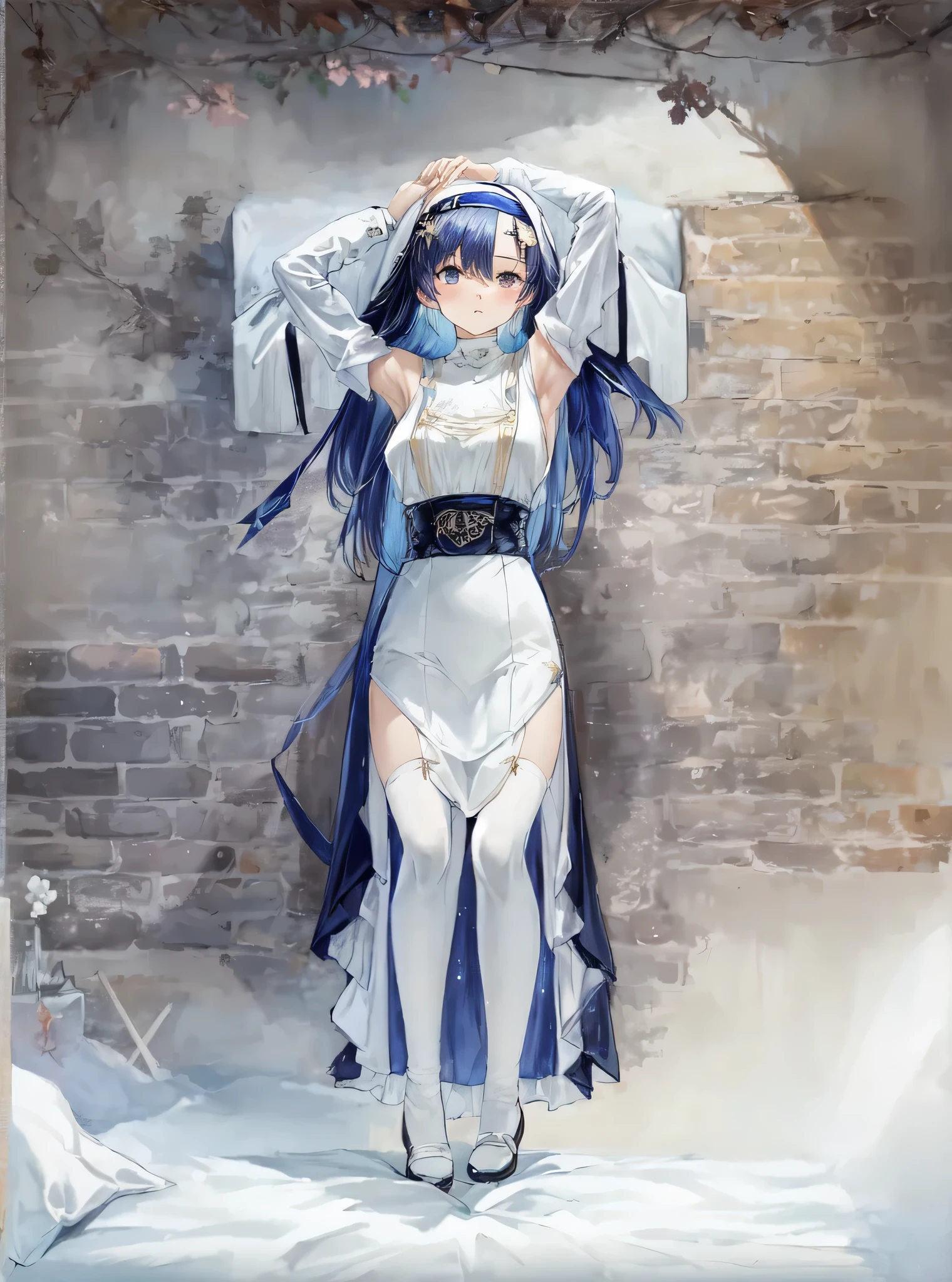 masterpiece, best quality, higres, soft light , mature girl body, 1 girl solo, armpits, sleeveless, on the bed, blue hair, sexy nun outfit, hair vent