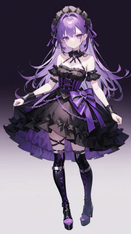 purple hair,girl,1 person,gothic,Gothic Lolita,,Harness,boots,simple background,smile,whole body,full body,standing position,Standing picture,VTuber,front,Eyes on the viewer,視線をfrontに,arm to the side