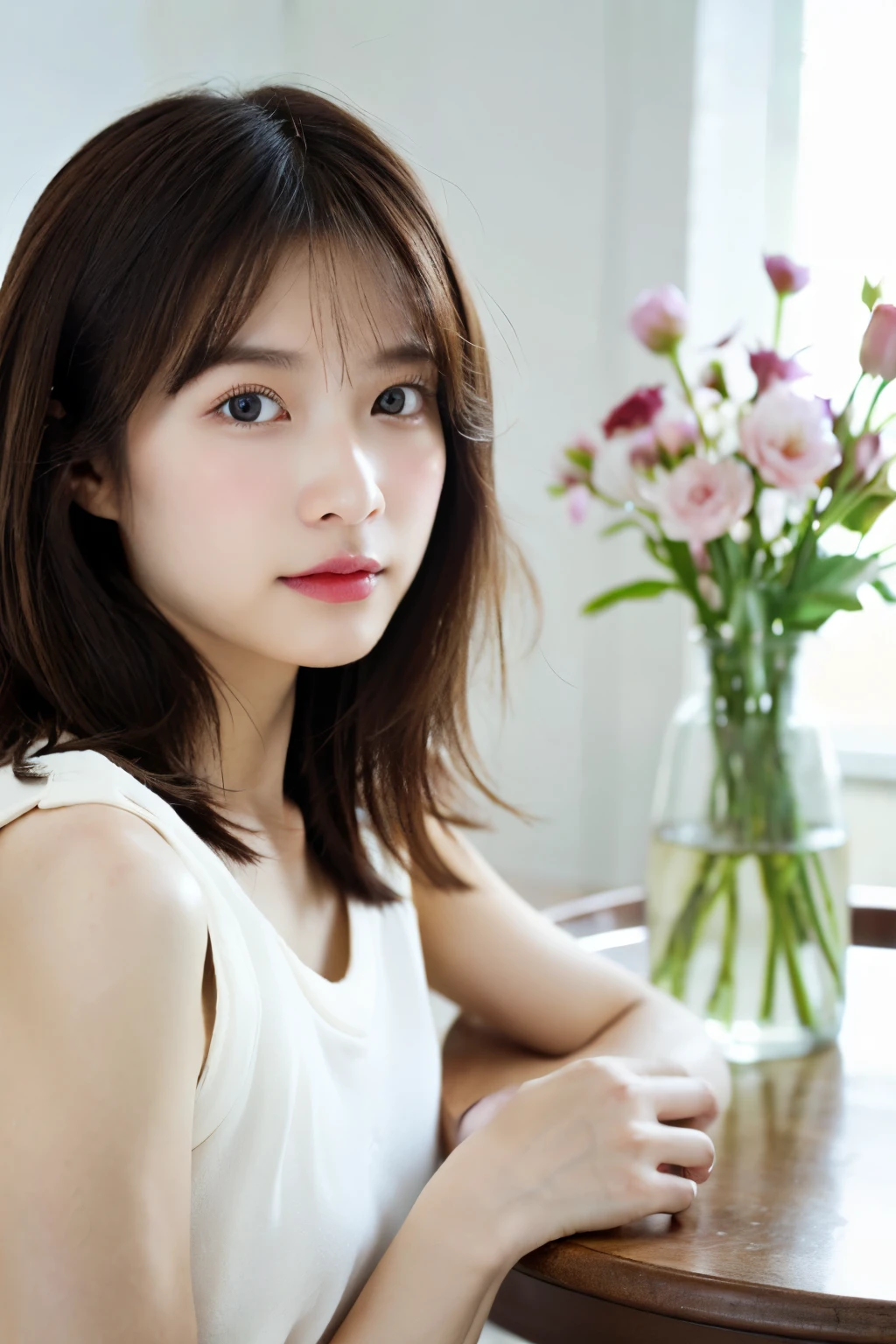 peonies、surrounded by flowers、((table top,highest quality)), (photo-realistic:1.4),((table top,8K))、(white room)、((whole body写真))、Photographed in natural light、Highly detailed face and skin texture、highly detailed lips、correct state of the human body、ultra high resolution、(Photoreal:1.4)、highest quality, 1 beautiful woman, 25 years old, s, 150mm lens、knit、(dark brown medium hair)、japanese woman、(dark brown hair)、Various poses、natural color lip、spring clothes、whole body