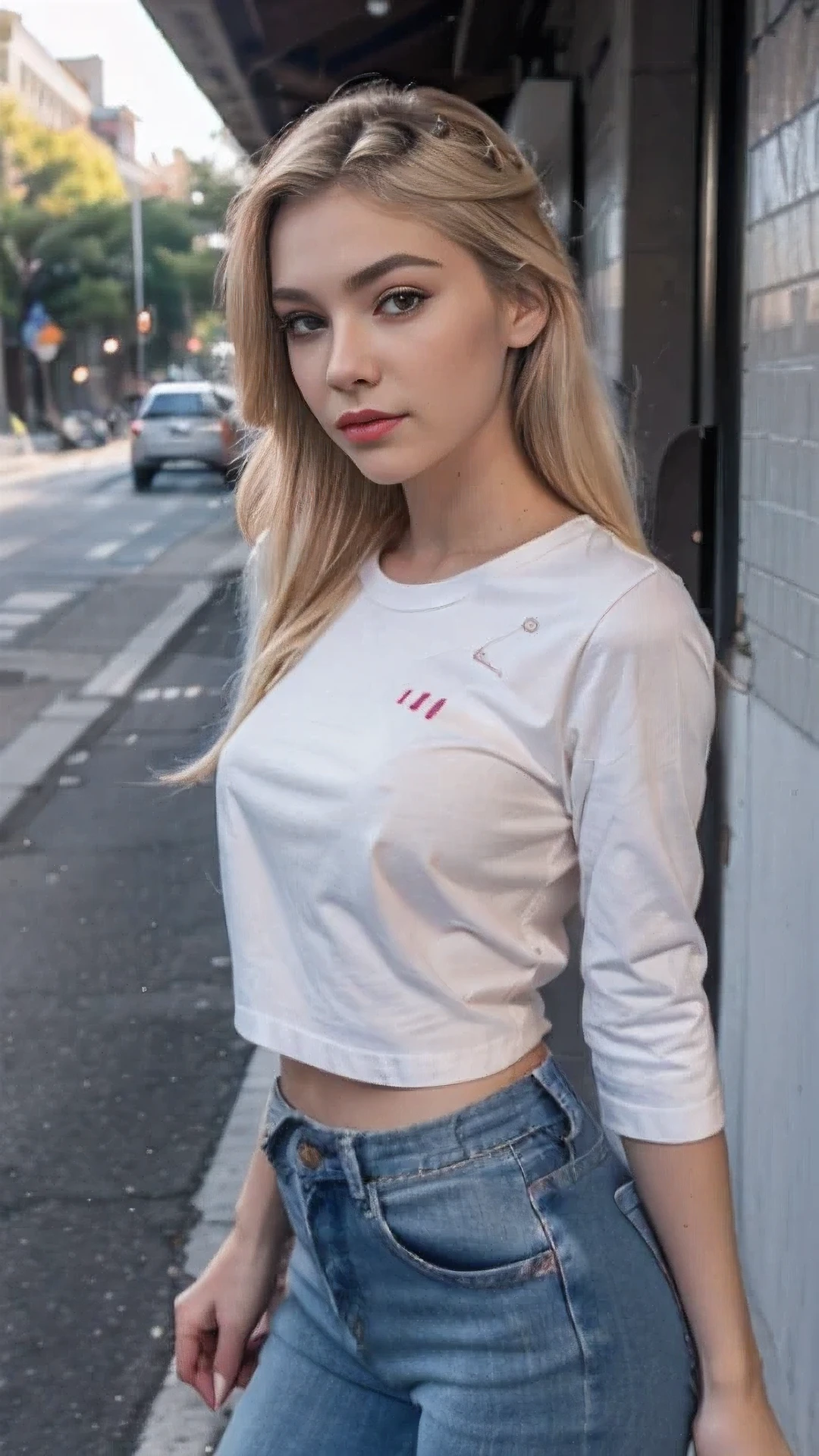 Beautiful 17yo white skinny and blonde girl, small nose, beautiful eyebrow, beautiful breasts, half sleeve T-shirt, Skinny jeans, sexy style, To the streets, Red lipstick, blush, long eyelashes, ,sunny day, lighting Excellent, Excellent quality, Eyeliner,