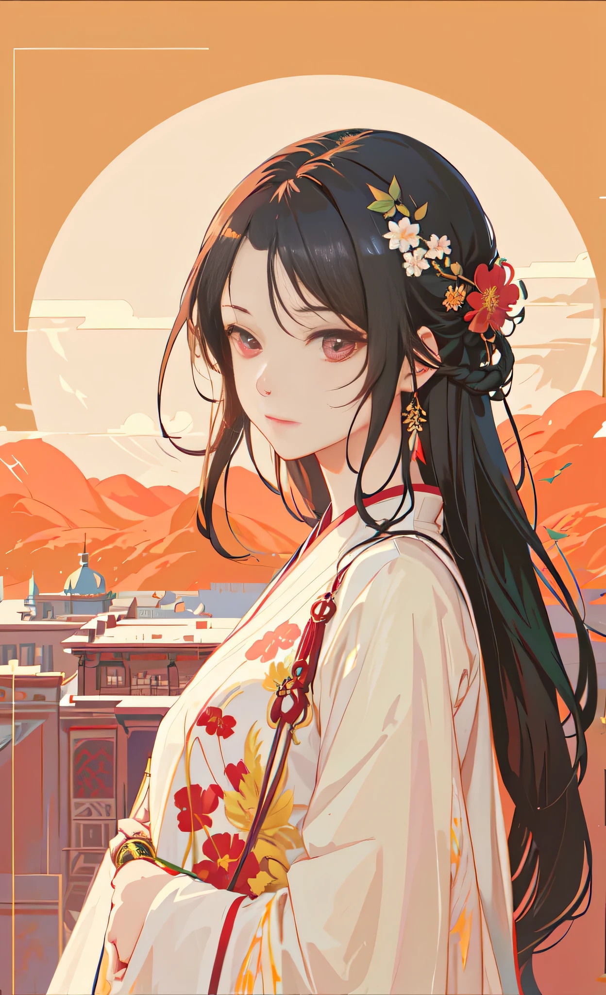 There is a woman with long hair,A flower in the hair, guweiz style artwork, palace , A girl wearing Hanfu, beautiful figure painting, Beautiful anime portrait, Bowater's art style, Stunning art style, beautiful style,, Digital animation illustration, guweiz, Lovely art style, beautiful painting
