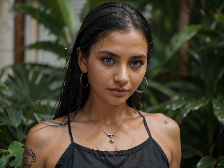 RAW photo of a women, super detail, high details, high quality, realistic, black hair, blue eyes, tanned skin, wet dress, has jewelry, small tattoo, pierced septum.