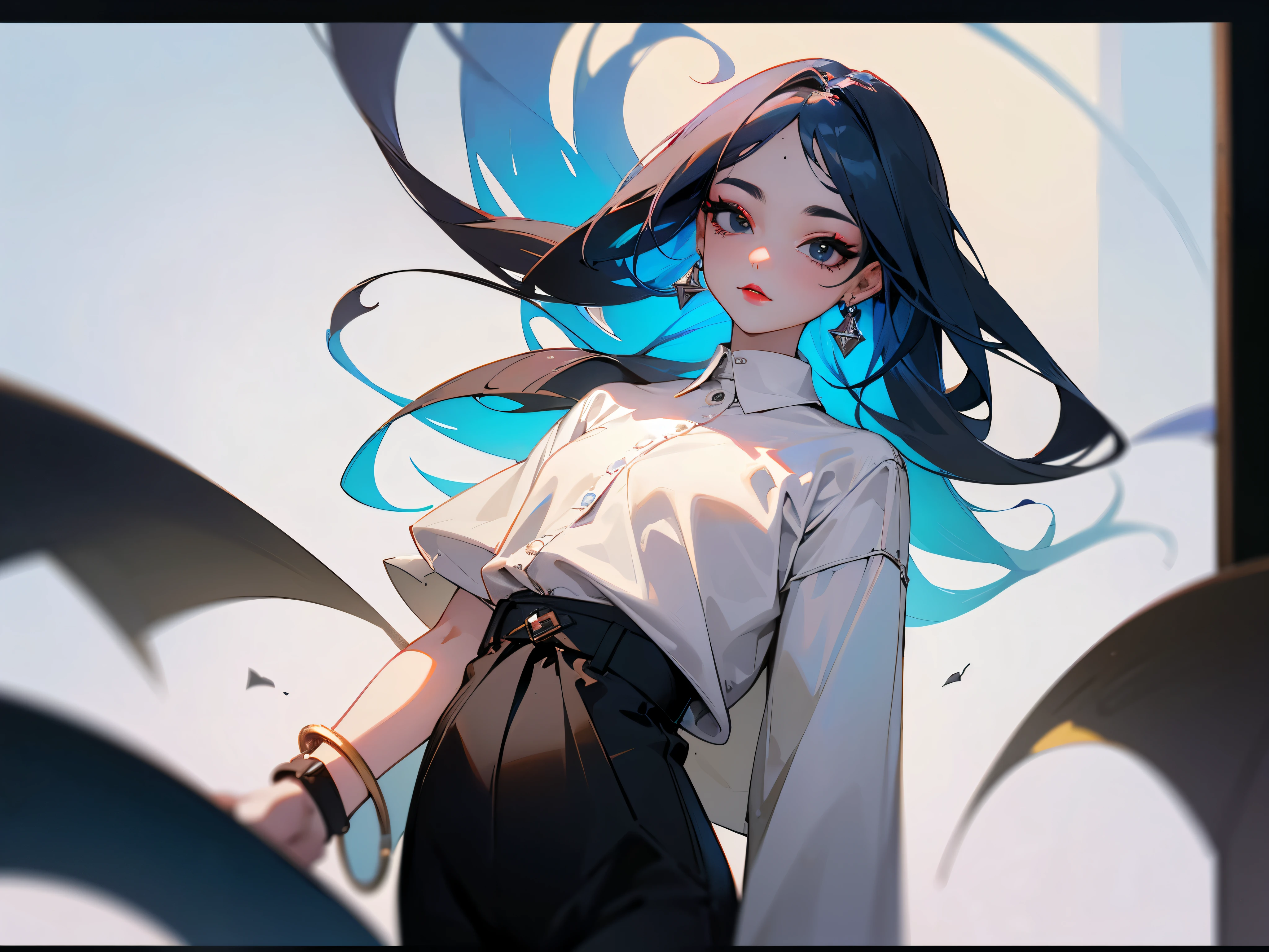 top-quality、Top image quality、​masterpiece、age girl((White shirt、Long black trousers、18year old、 Ager、Best Bust、big bast,Black eyes, blue hairs、A slender,Large valleys、red lipstick makeup on eyelids、Cute earrings、silver watch、Bring your chest together、Have a digital camera)),hiquality、Beautiful Art、Background with((White space、Photography Studio))​masterpiece、depth of fields,Camera Film Style