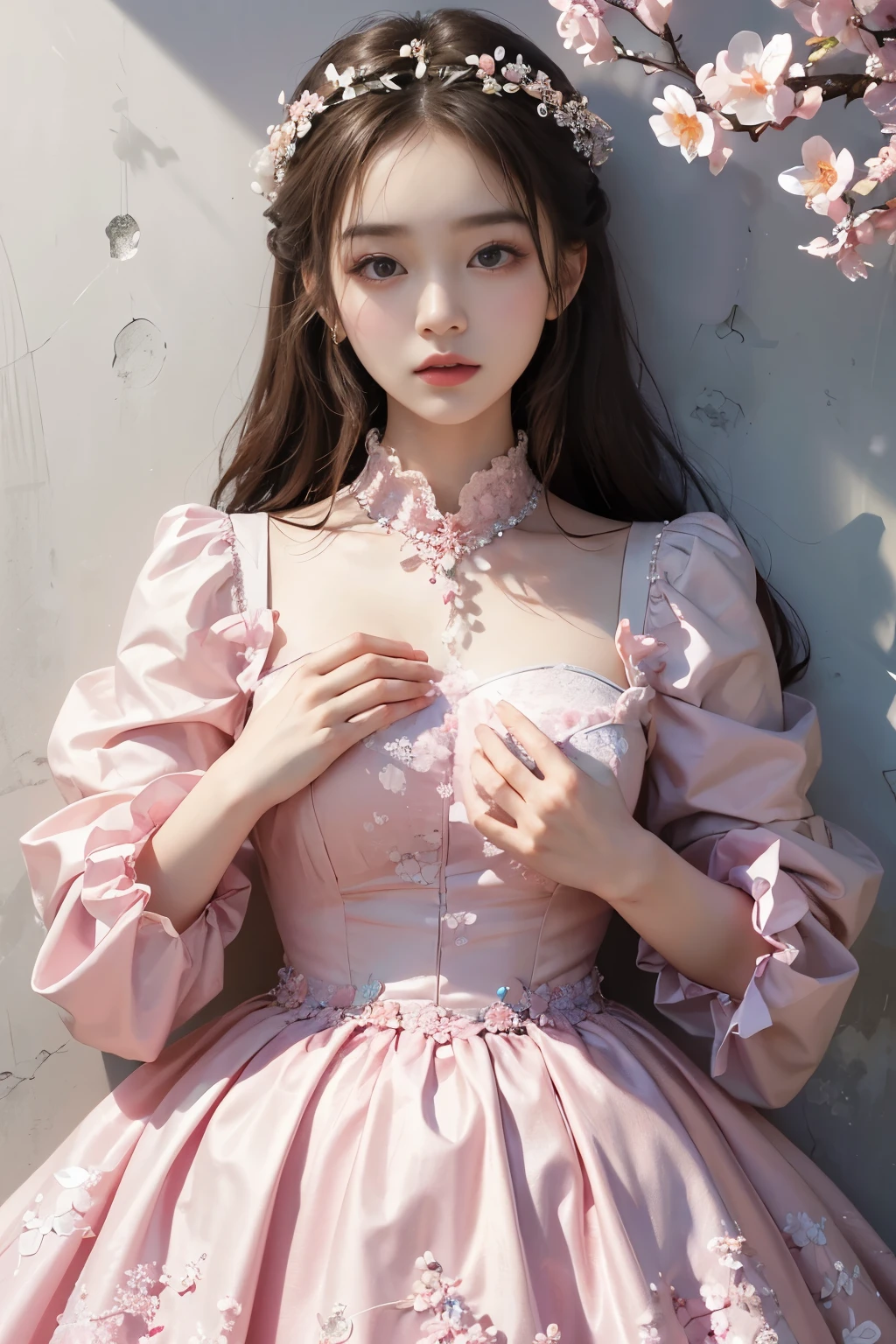 masterpiece, best quality, 8 thousand, 18 years old, photo beast, absurd, award-winning portraits, pure, korean beauty, Elegant and vibrant pink dress, spring, orchard in bloom, laces, cute, right, healthy, Beloved, perfect hands,