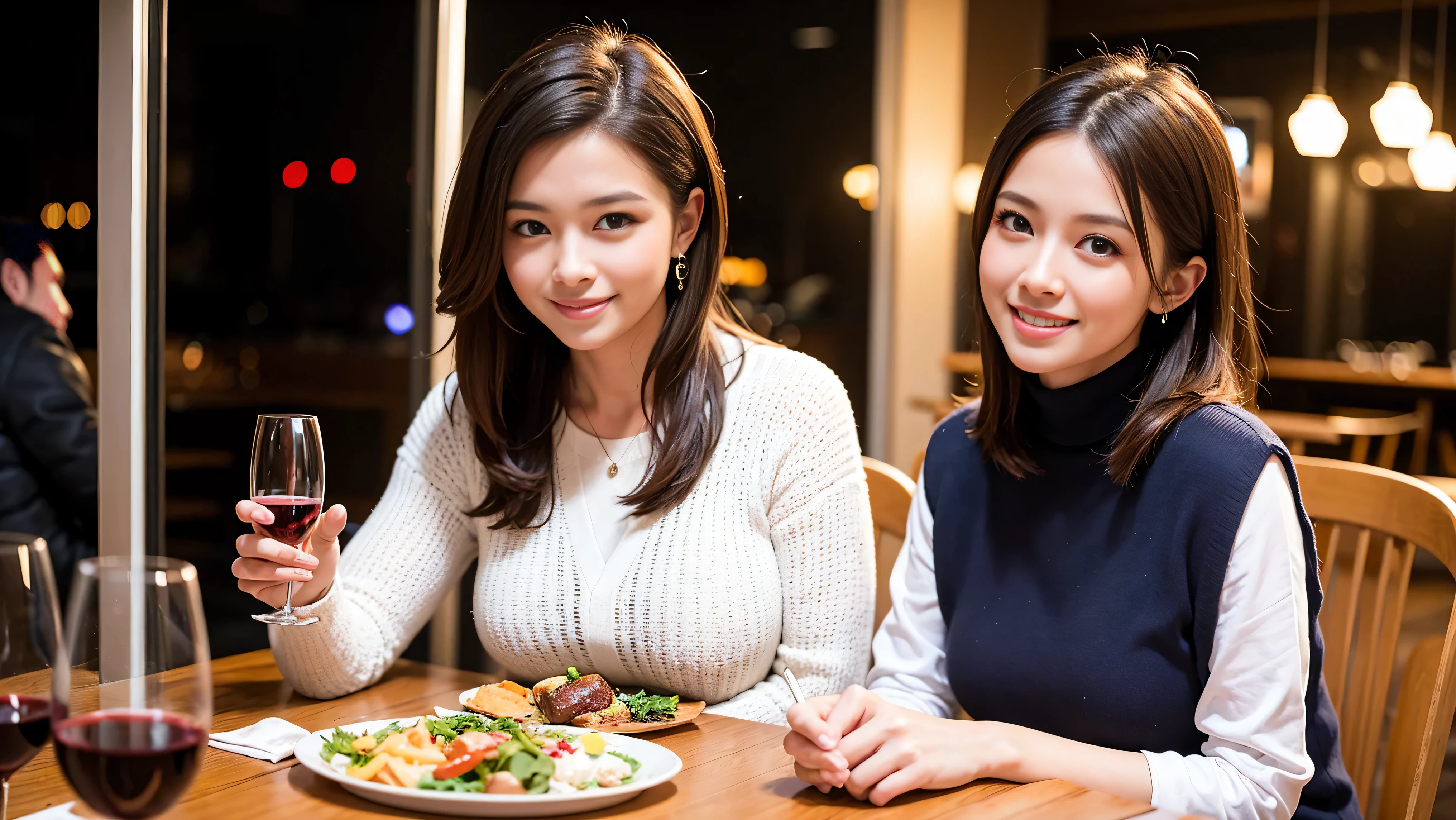 (K UHD, nffsw, highest quality, table top: 1.2), (realistic, realistic: 1.37), Spectacular view of the sunset sky and clouds、Amazing mountain views、A bright smile、A lovely woman with a smile、that woman&#39;bright face、Fox face、lady、wine 、Appetizer、Italian food、two beauties、brown hair、shortcut、long sleeve shirt、winter fashion、dress、Japanese、Englishman、Dutch、German、Belgian、Italian、French,Wine Bottle、Appetizer、Champagne、Sparkling wine、Pretty Woman 1, (slim face), (because I&#39;thin), (brown hair), (shortcut), cheeks turn a little red, (42 years old), 38 years old, charming beauty、, A beautiful and detailed night view spreads out outside the window..........., restaurant, Wine Glassに座って, At night, in a prominent place (from the waist up) nova frog style, actress, model, Upper body, White wine, slim, Wine Glass, Very beautiful night view, 真ん中に置かれたWine Glass, smile, (smile: 1.15), Beautiful little eyes, 