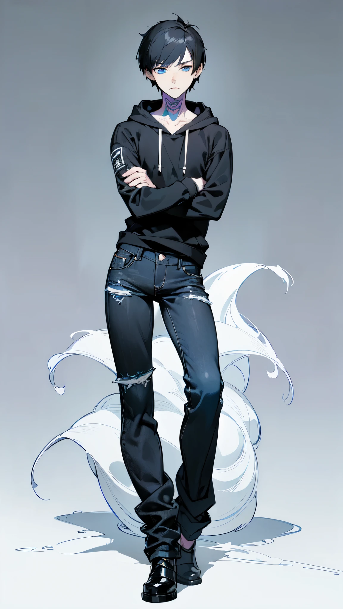 (masterpiece, finely detailed blue eyes: 1.2), ((best quality)), (highly detailed:1.3), anime, concept art, adult man, ((black hoodie)), (loose black denim pants), pale skin, (bored expression), short cut hair, ((black hair:1.3)), stylish haircut, purple tattoo on left arm, scar on face, solo, 1man, simple background,