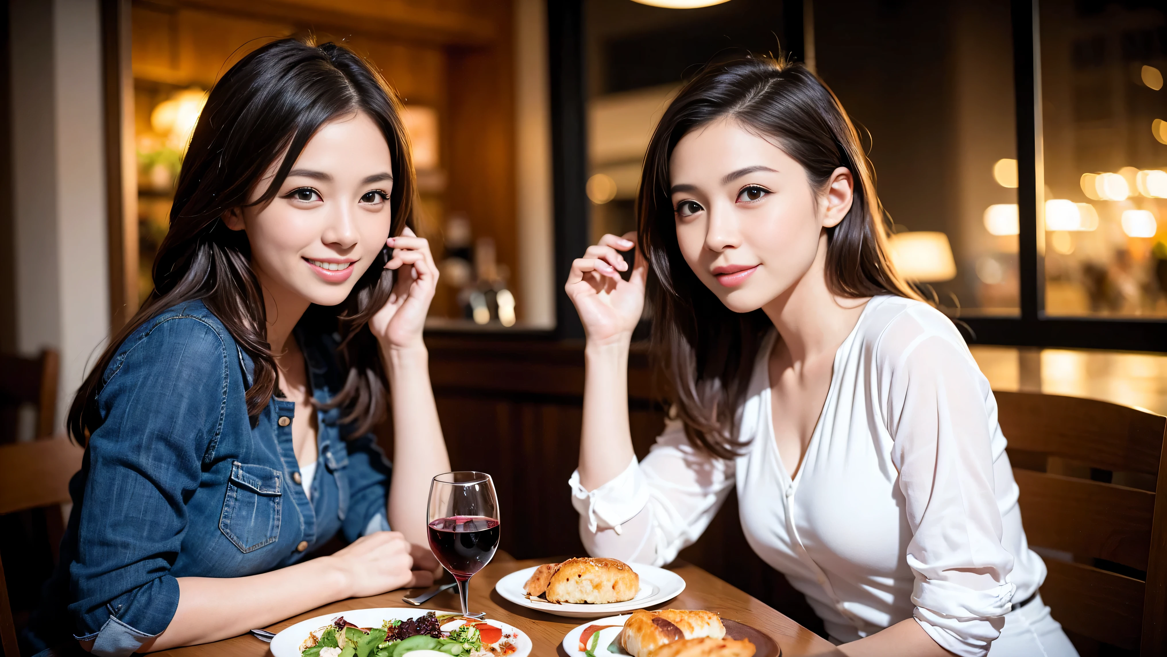 (K UHD, nffsw, highest quality, table top: 1.2), (realistic, realistic: 1.37), Spectacular view of the sunset sky and clouds、Amazing mountain views、A bright smile、A lovely woman with a smile、that woman'bright face、Fox face、lady、wine 、Appetizer、Italian food、two beauties、brown hair、shortcut、long sleeve shirt、winter fashion、dress、Japanese、Englishman、Dutch、German、Belgian、Italian、French,Wine Bottle、Appetizer、Champagne、Sparkling wine、Pretty Woman 1, (slim face), (because I'thin), (brown hair), (shortcut), cheeks turn a little red, (42 years old), 38 years old, charming beauty、, A beautiful and detailed night view spreads out outside the window..........., restaurant, Wine Glassに座って, At night, in a prominent place (from the waist up) nova frog style, actress, model, Upper body, White wine, slim, Wine Glass, Very beautiful night view, 真ん中に置かれたWine Glass, smile, (smile: 1.15), Beautiful little eyes,
