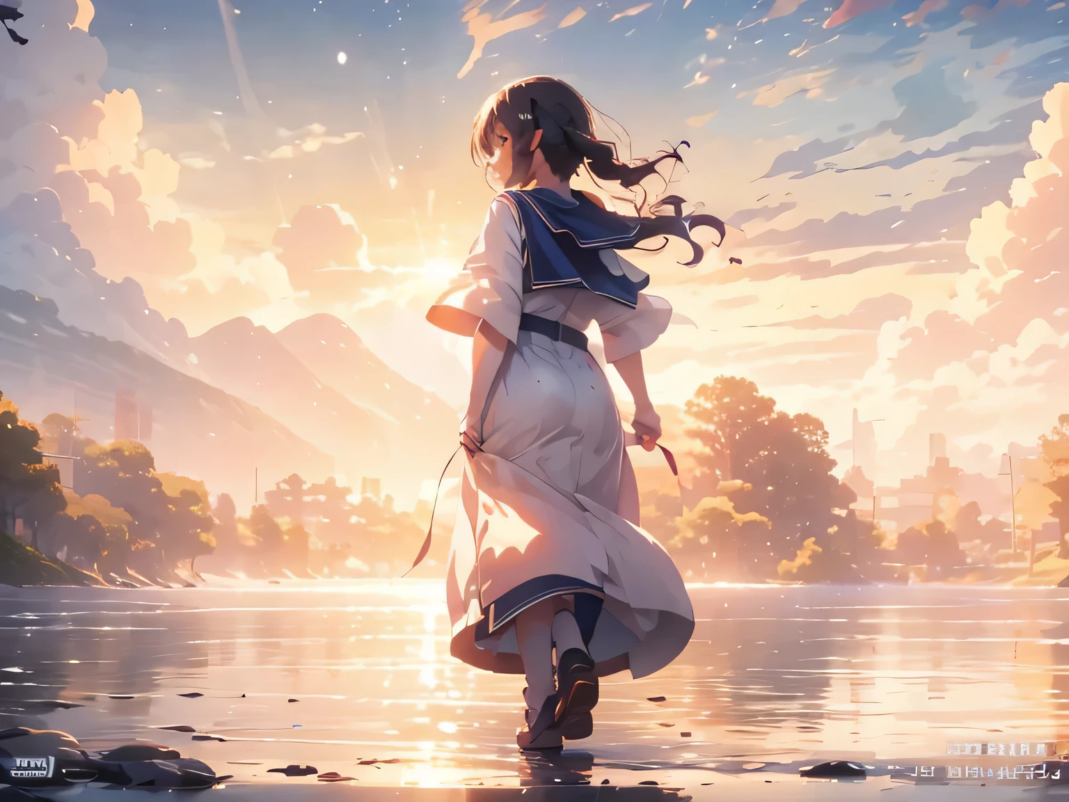 highest quality、Pleasant animation、、back view、fantasy、dawn、Asahi、sunlight、Wind、Light、bob、sailor suit、Shadow、delicate、back view、Wind view、back、run up、girl、Overall view
