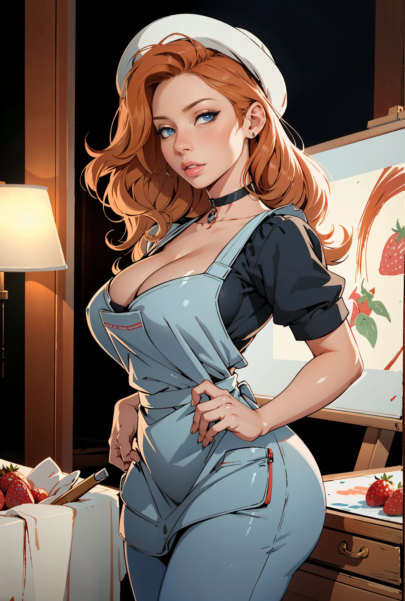 (best quality,highres),(realistic:1.37),(portrait),(studio lighting), ,solo mature woman,curvy, giant breasts, giant ass,straight strawberry blonde hair, dusty blue eyes,full lips, seductive, choker, painter's apron,painter's hat