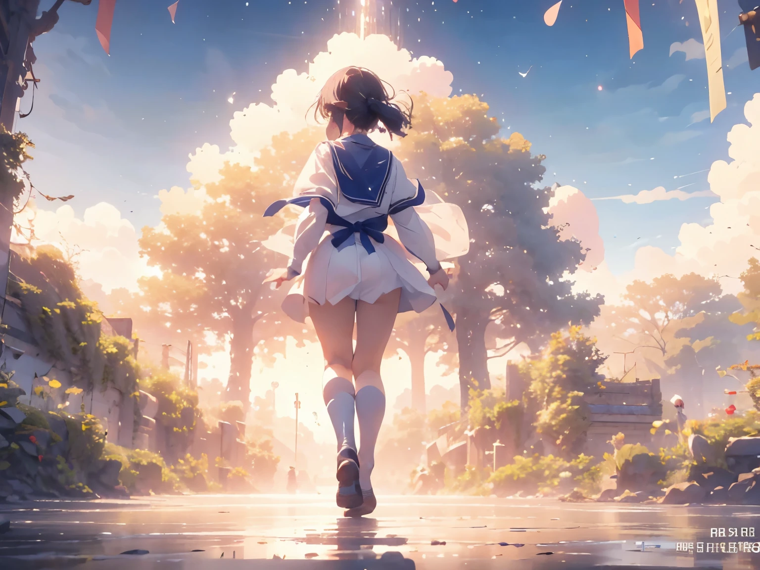highest quality、Pleasant animation、、back view、fantasy、near future、Light、Wind、bob、sailor suit、Shadow、delicate、back view、Wind景、background、back、start running、girl、Overall view、walking、null、near future、fantasy、whole body、modern city