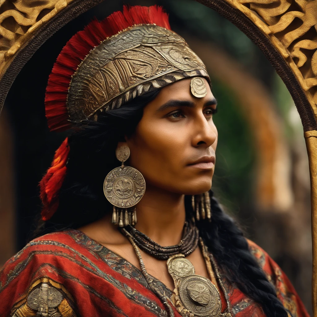 Colombia, year 300 AD, vintage metal embossing in the male native south american style of the time, Cacique Maitamá, 33-year-old man. long, straight black hair down her back. Full-length-type image