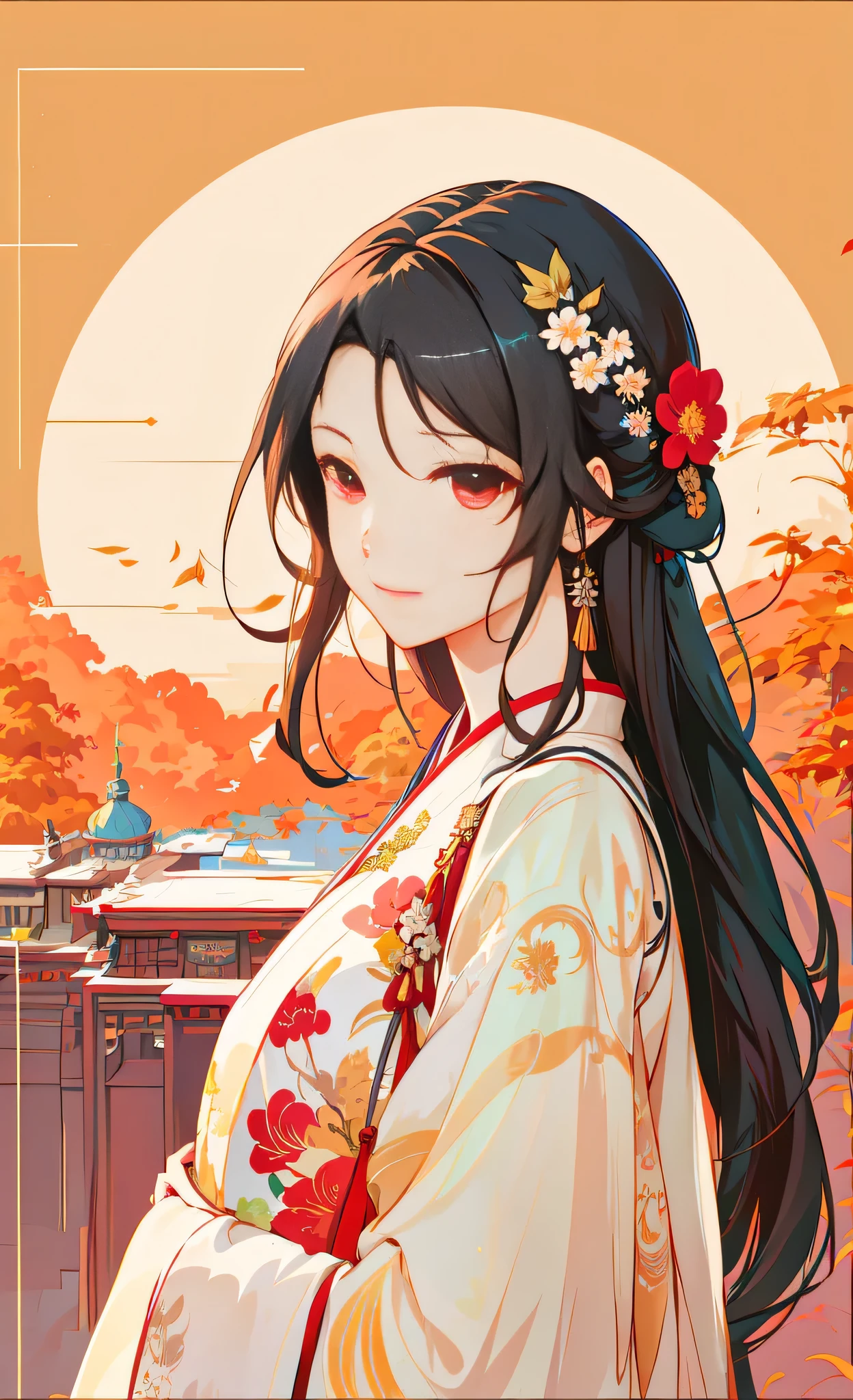 There is a woman with long hair，A flower in the hair, guweiz style artwork, palace ， A girl wearing Hanfu, beautiful figure painting, Beautiful anime portrait, Bowater&#39;s art style, Stunning art style, beautiful style,, Digital animation illustration, guweiz, Lovely art style, beautiful painting