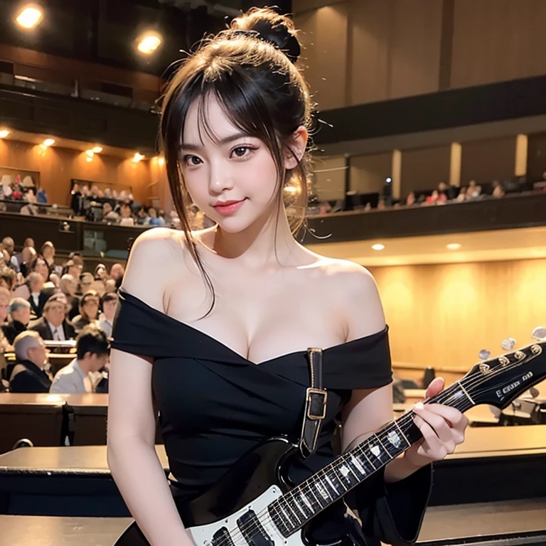 highest quality, High resolution, (realistic:1.2), (A girl with a microphone, A girl playing a black electric guitar:1.3), Japanese beautiful girl, smile, big slit eyes, (big double eyelids:1.5), high definition eyes, plump cheeks, (hair up:1.1), big earrings, off-the-shoulder dress, cleavage, Les Paul Custom, bright lighting, Concert Halls in Europe, Wiener Musikverein, orchestra, on stage,