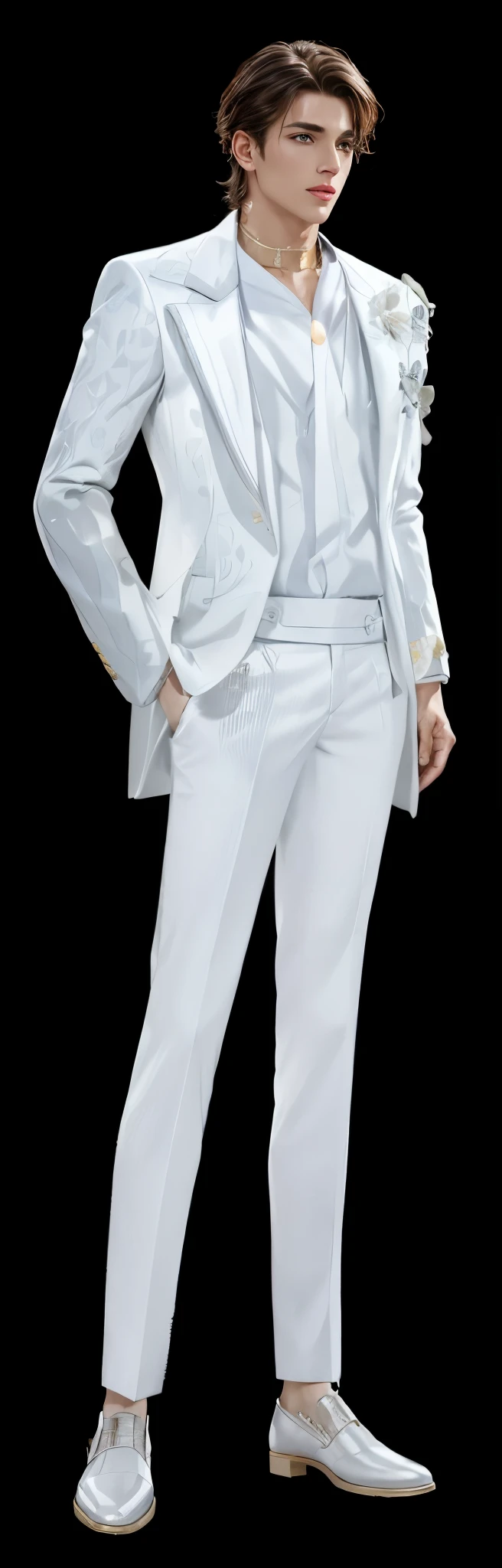 idol,fashion icon, handsome guy, Idol, White floral embellishment, white suit, clear clothing design, Full body close-up, white pants, Full body shots in super detail, wearing a white tuxedo,