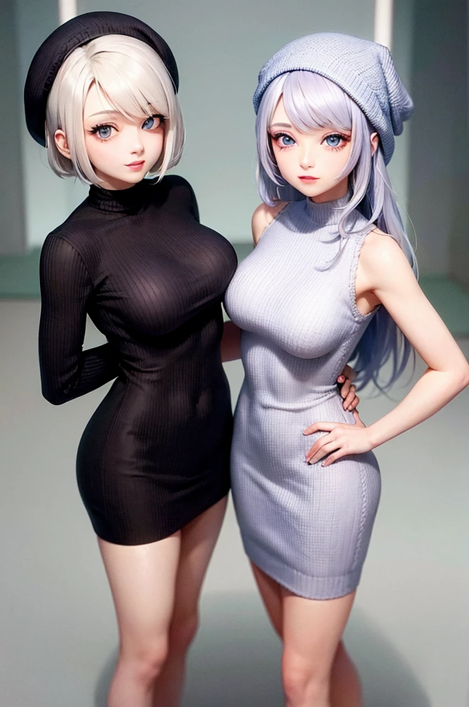 duo A beautiful woman with short silver hair and blue eyes Beautiful woman with pastel purple wavy long hair knit hat snow