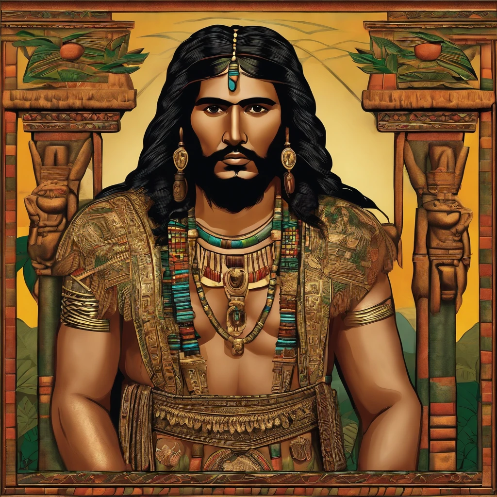 Colombia, year 300 AD, vintage metal embossing in the male native south american style of the time, Cacique Maitamá, 33-year-old man. long, straight black hair down her back. Full-length-type image