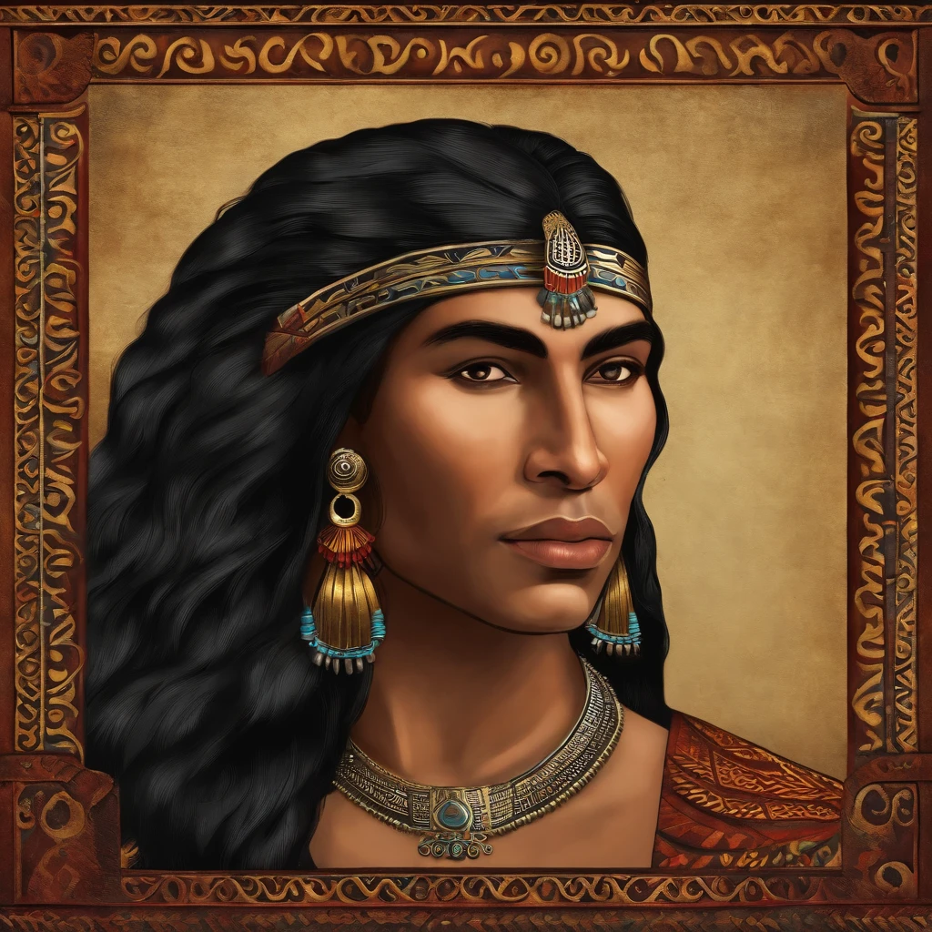 Colombia, year 300 AD, vintage metal embossing in the male native south american style of the time, Cacique Maitamá, 33-year-old man. long, straight black hair down her back. Full-length-type image