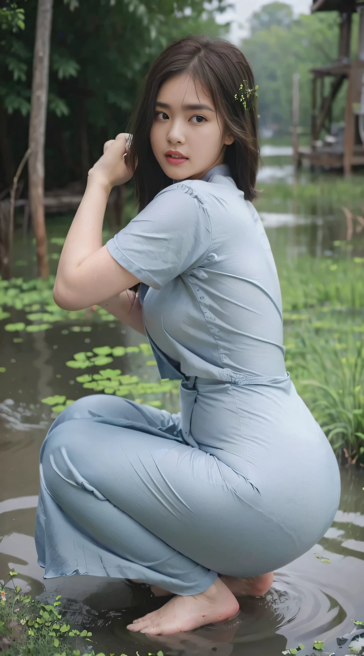 (Wide flares on jeans:1.1), (soaked in murky water), (Best Quality,hight resolution,bokeh:1.2),The woman,Pronounced wrinkles,Bob haircut,Detailed eyes and face,tshirt,expression of despair,Dark and moody lighting,desperation,(Drowning in a swamp below the knee:1.17),(standingn:1.1), Posing, emphasize round ass,produding ass,wet clothes,wet body wet hair,wet body ,wet hair,wet clothes, emphasize round ass, produding ass,(Best quality, 8k, 32k, Masterpiece, UHD:1.2),Photo of Pretty Japanese woman, 1girl, (medium-short dark brown hair), double eyelid, huge hot spring in nature, nature view, soak in water, look back