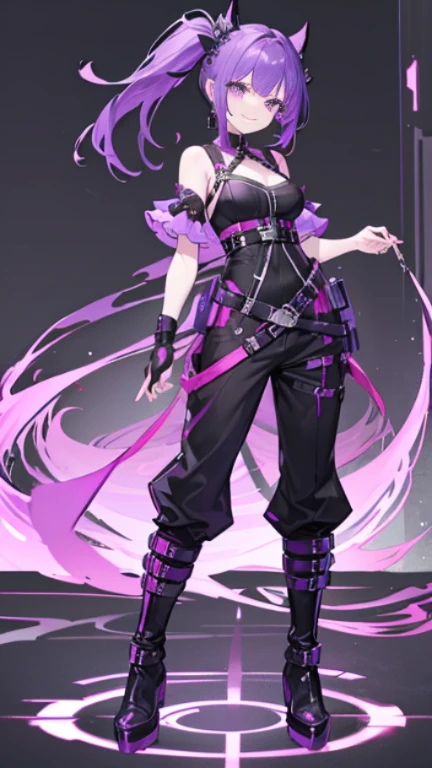 purple hair,girl,1 person,gothic,Harness,pants,boots,simple background,smile,whole body,full body,standing position,Standing picture,VTuber,front,Eyes on the viewer,視線をfrontに,arm to the side