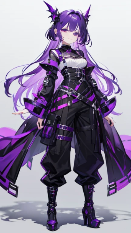 purple hair,girl,1 person,gothic,Harness,pants,boots,simple background,smile,whole body,full body,standing position,Standing picture,VTuber,front,Eyes on the viewer,視線をfrontに,arm to the side