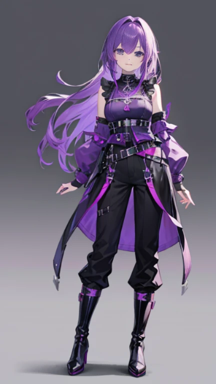 purple hair,girl,1 person,gothic,Harness,pants,boots,simple background,smile,whole body,full body,standing position,Standing picture,VTuber,front,Eyes on the viewer,視線をfrontに,arm to the side