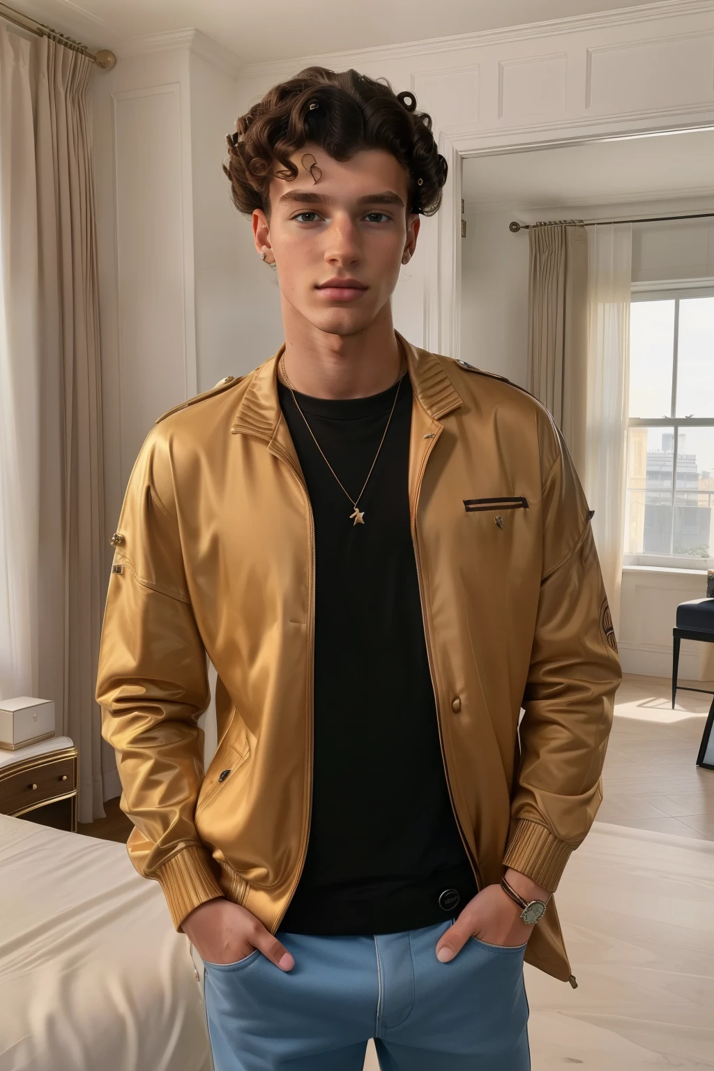 London, 2023. A young ((((19-year-old)) Liam Harper)), tall, handsome, sharp features, piercing eyes, influencer, in the bedroom of a luxurious mansion, ((shock expression)), ((((casual clothings from the 2020s)))), ((curly hairstyle of the 2020s))