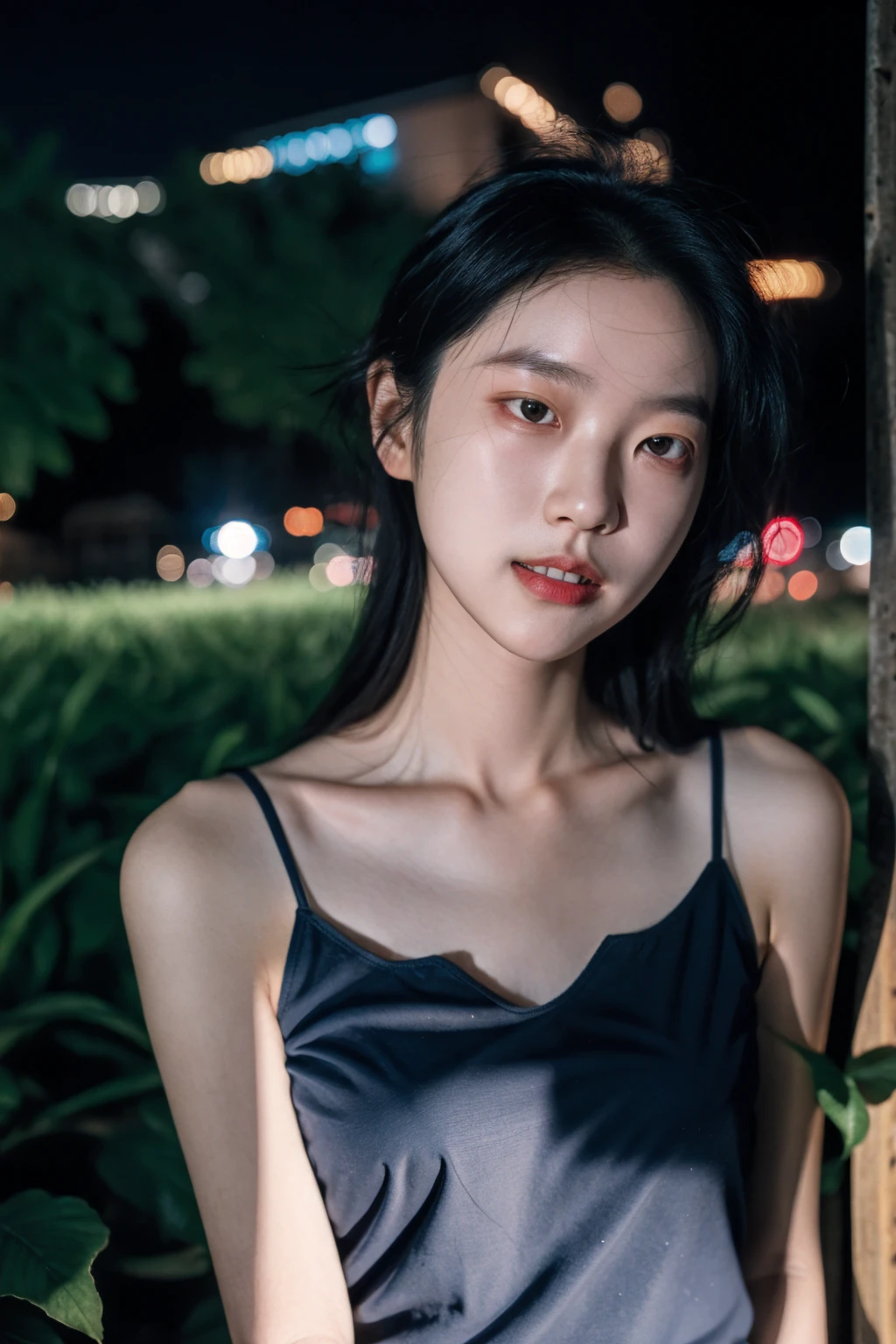 1girls,idolannequin,deep of field,Photo showing,filmes,Side face,Ruffle your hair,Look in the other direction,Skinny,Haha,fcollarbone,teeth,long way hair,Lazy,filmes,Dark blue camisole vest,selfee,Night,Boyfriend perspective