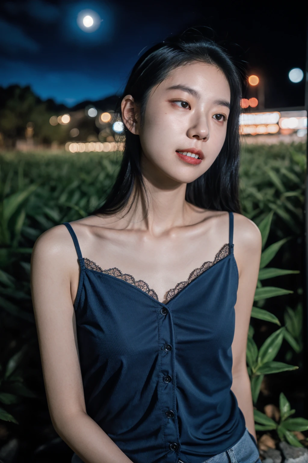 1girls,idolannequin,deep of field,Photo showing,filmes,Side face,Ruffle your hair,Look in the other direction,Skinny,Haha,fcollarbone,teeth,long way hair,Lazy,filmes,Dark blue camisole vest,selfee,Night,Boyfriend perspective