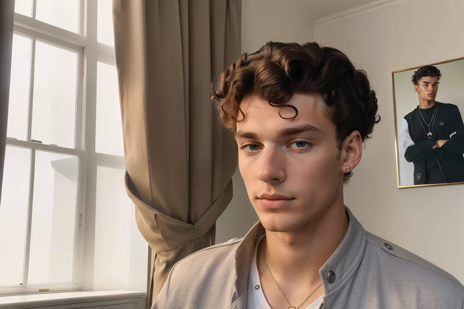 London, 2023. A young ((((19-year-old)) Liam Harper)), tall, handsome, sharp features, piercing eyes, influencer, in the bedroom of a luxurious mansion, ((shock expression)), ((((casual clothings from the 2020s)))), ((curly hairstyle of the 2020s))