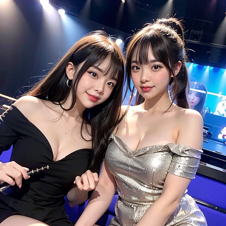 highest quality, High resolution, (realistic:1.2), 2 girls, One person has a microphone, The other plays a black electric guitar, Japanese beautiful girl, smile, big slit eyes, (big double eyelids:1.5), high definition eyes, plump cheeks, (hair up:1.1), big earrings, off-the-shoulder dress, cleavage, Les Paul Custom, Concert Halls in Europe, Wiener Musikverein, orchestra, on stage,