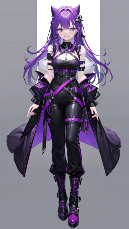 purple hair,girl,1 person,gothic,Harness,pants,boots,simple background,smile,whole body,full body,standing position,Standing picture,VTuber,front,Eyes on the viewer,視線をfrontに,arm to the side