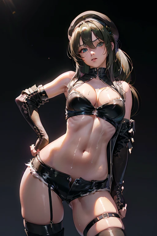 ((1 girl)),(best quality, highres, masterpiece:1.2), ultra-detailed, (realistic:1.37) illustration, erotic style, soft lighting, sweat glistening on her body, gentle warmth, mysterious, ubel,dark green hair,long hair,side ponytail,hair between eyes,bangs, (beret, black jacket, open clothes, cleavage, midriff, black shorts, black thighhighs, thigh strap, fingerless gloves, single glove:1.2), blurry background, pose, hand on hip, (masterpiece:1.2), best quality, high resolution, unity 8k wallpaper, (illustration:0.8), (beautiful detailed eyes:1.6), extremely detailed face, perfect lighting, extremely detailed CG, (perfect hands, perfect anatomy)
