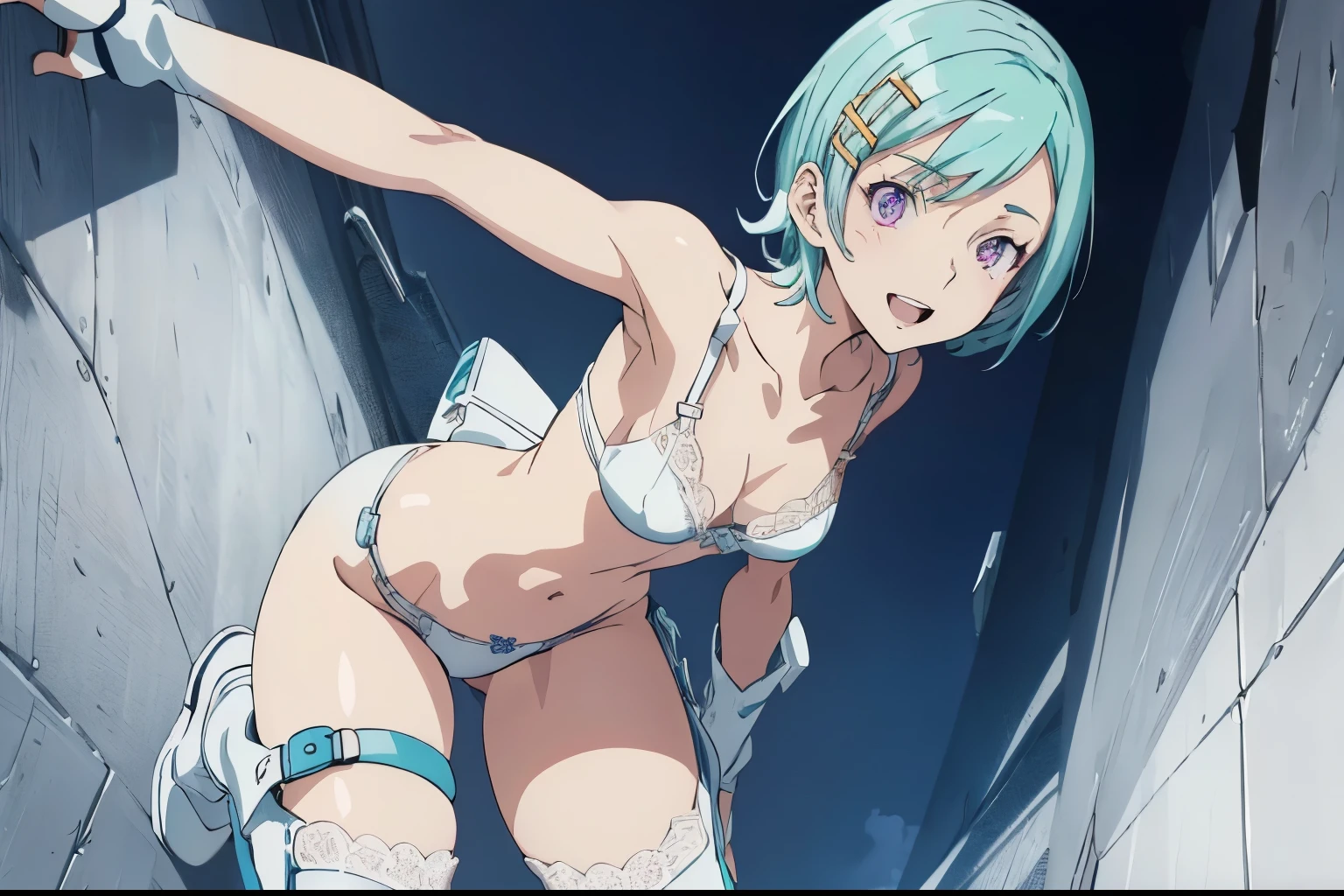 (((White lace bra,white lace panties))),1girl, solo, boots, white footwear, short hair, purple eyes, thigh strap, hair ornament, hairclip, aqua hair, open mouth, smile, looking at viewer, leaning forward, knee boots, blue background, thigh pouch, masterpiece ,8k unity wallpaper,anime key visual,highest quality, High resolution, unity 8k wallpaper, (shape:0.8), highly detailed face,highly detailed eye,glowing eyes , shiny skin,fine skin,white skin,dense skin,detailed hair,highly detailed legs,perfect lighting, Detailed CG, (perfect hands, perfect anatomy),High resolution,anime key visual,(Detailed wear ),slender limbs, delicate curves, dainty hands, tiny feet,figure:0.8,anime coloring,