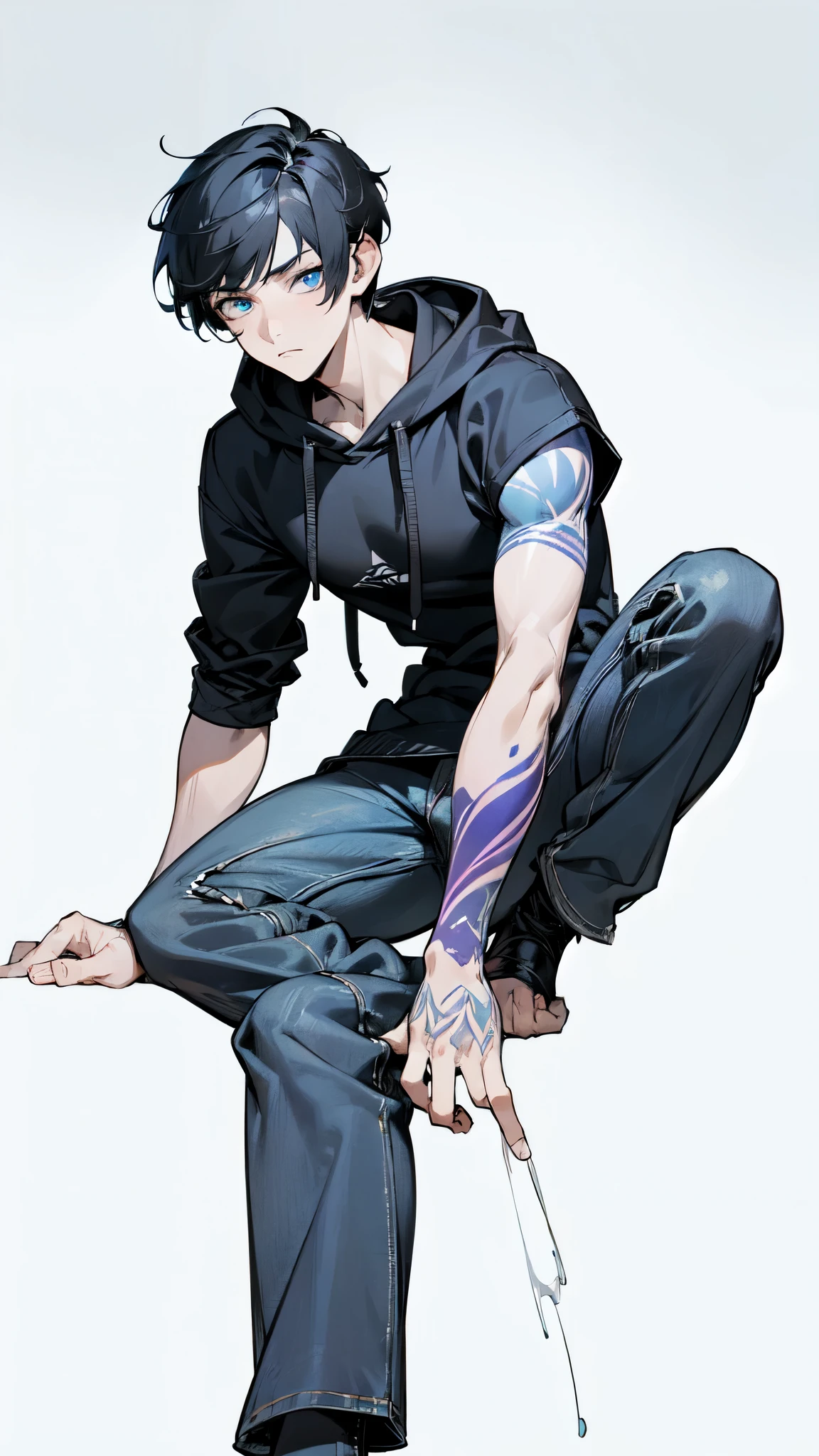 (masterpiece, finely detailed blue eyes: 1.2), ((best quality)), (highly detailed:1.3), anime, concept art, adult man, ((black hoodie)), (loose black denim pants), pale skin, (bored expression), short cut hair, ((black hair:1.3)), stylish haircut, purple tattoo on left arm, scar on face, solo, 1man, simple background,