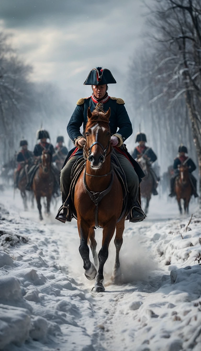 Depict Napoleon's retreating army battling against the elements and pursuing Russian forces.
Show soldiers trudging through snow-covered landscapes, with exhaustion evident on their faces.
Include scenes of skirmishes and attacks from Russian and Cossack troops, background dark, hyper realistic, ultra detailed hyper realistic, photorealistic, Studio Lighting, reflections, dynamic pose, Cinematic, Color Grading, Photography, Shot on 50mm lens, Ultra-Wide Angle, Depth of Field, hyper-detailed, beautifully color, 8k