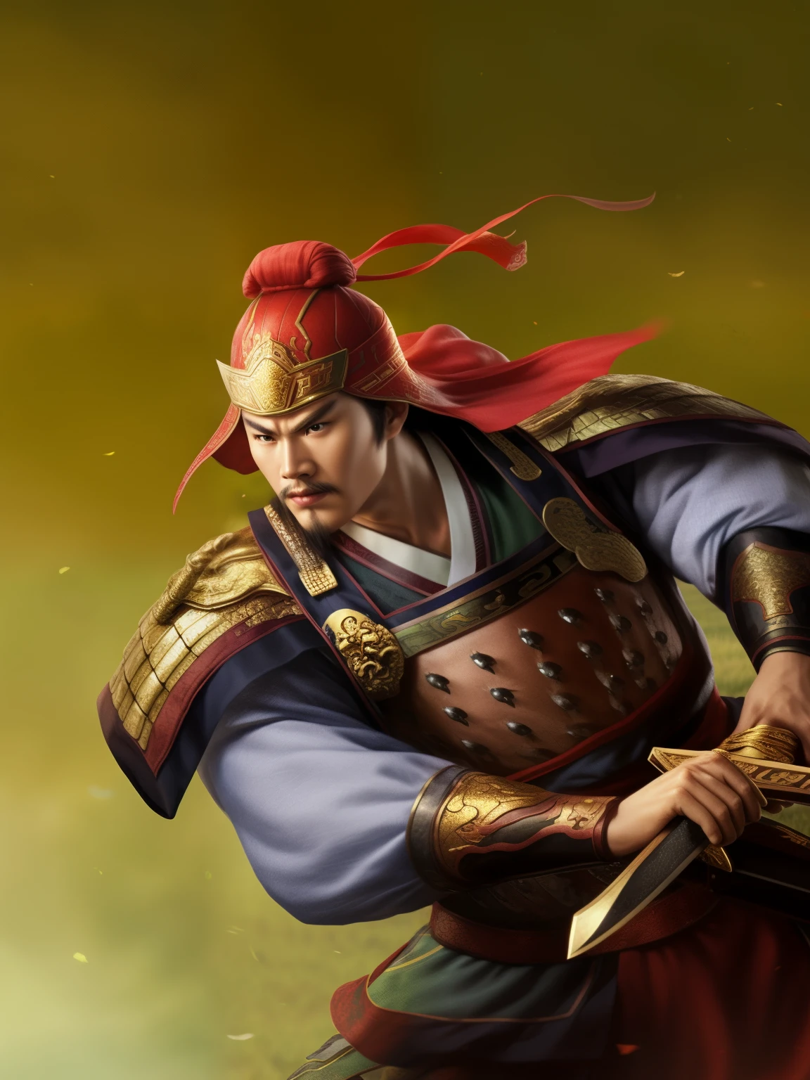 a close up of a person holding a sword in a field, zhao yun, bian lian, Guan yu, Chinese warrior, Inspired by Li Kan, Three Kingdoms of China, feng shu, Inspired by Hu Zaobin, Inspired by Huang Shen, Inspired by Li Rongjin, hua cheng, inspired by Guan Daosheng, Inspired by Huang Ding