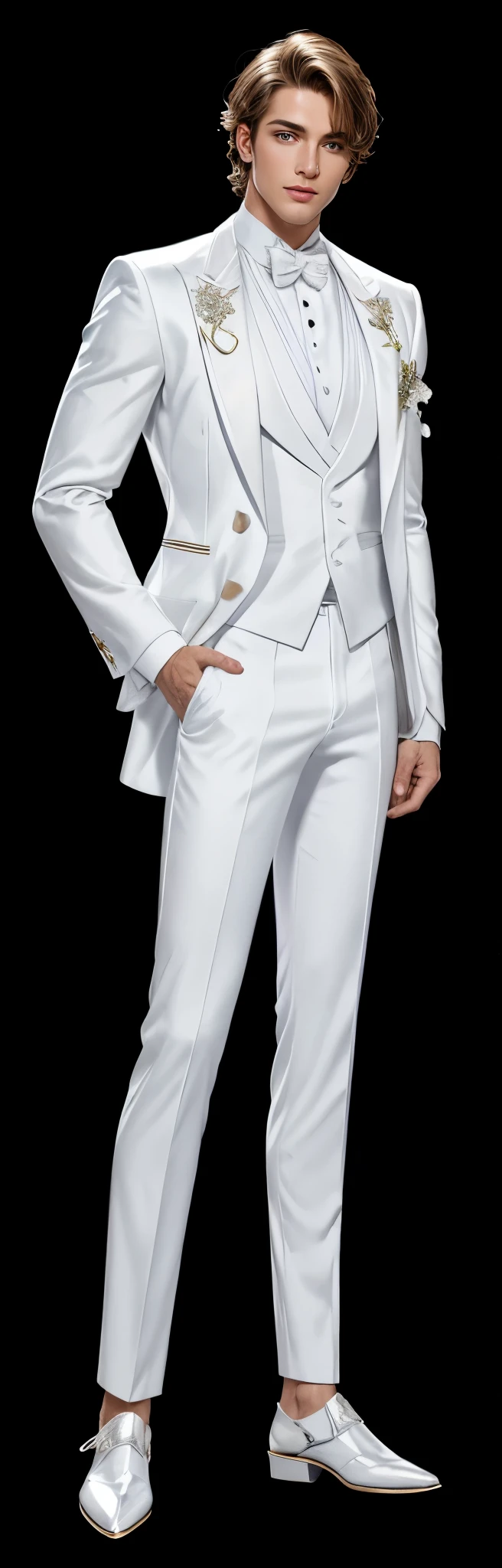 Knight in shining armor， handsome guy， Idol， White floral embellishment， white suit,  clear clothing design,  Full body close-up, white pants,  Full body shots in super detail, wearing a white tuxedo, 