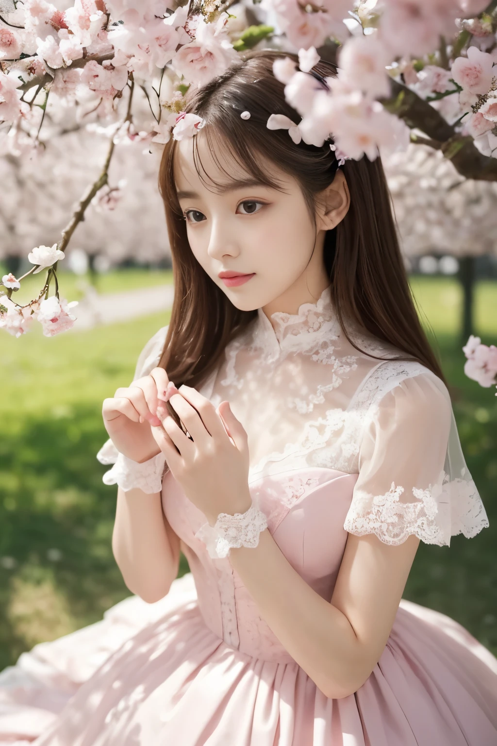 masterpiece, best quality, 8 thousand, 24 years old, photo beast, absurd, award-winning portraits, pure, korean beauty, Elegant and vibrant pink dress, spring, orchard in bloom, laces, cute, right, healthy, Beloved, perfect hands,
