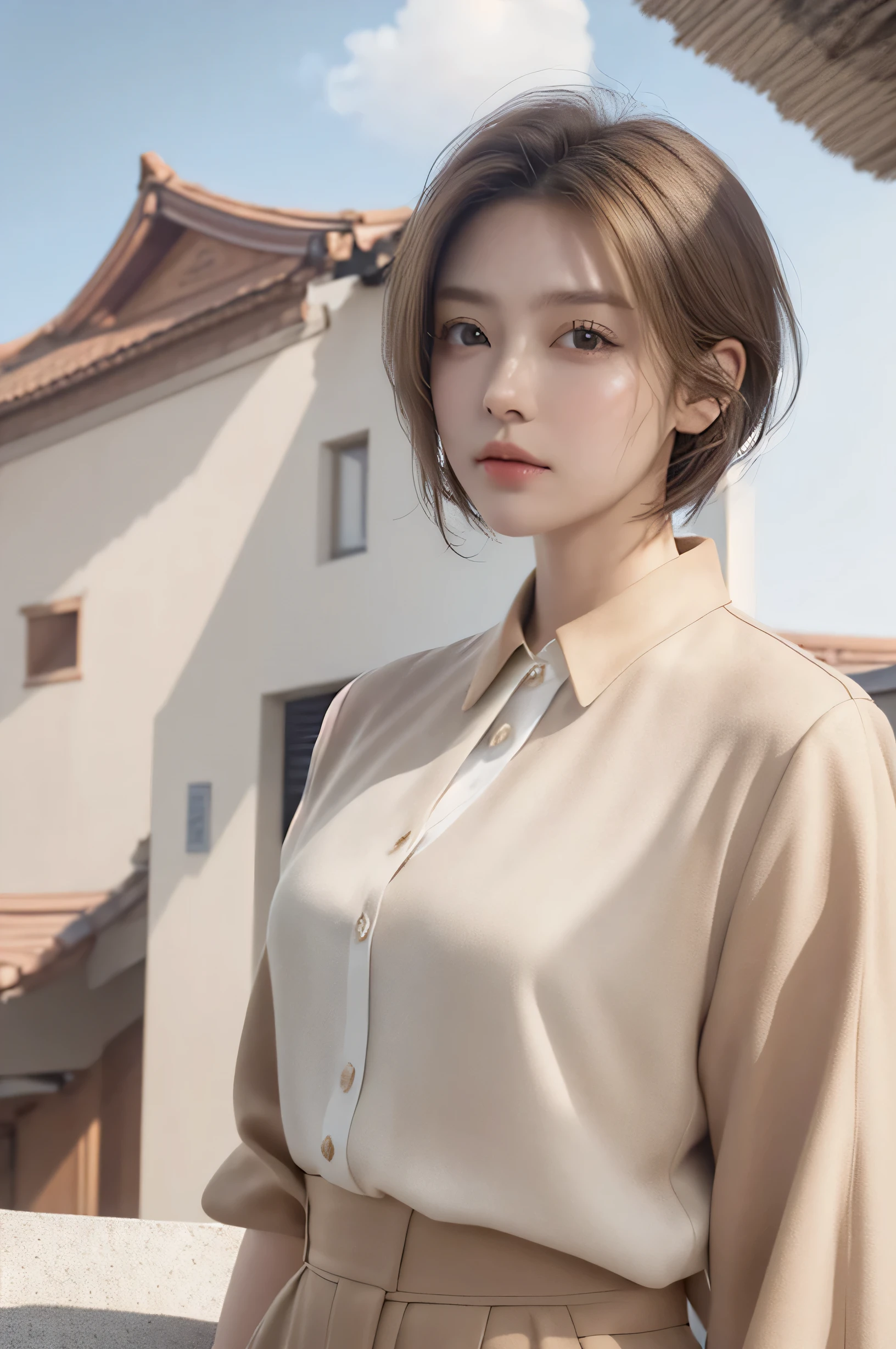 need,masterpiece,light brown hair,short hair,outdoor,Blue sky,roof of the building,8K,white blouse,