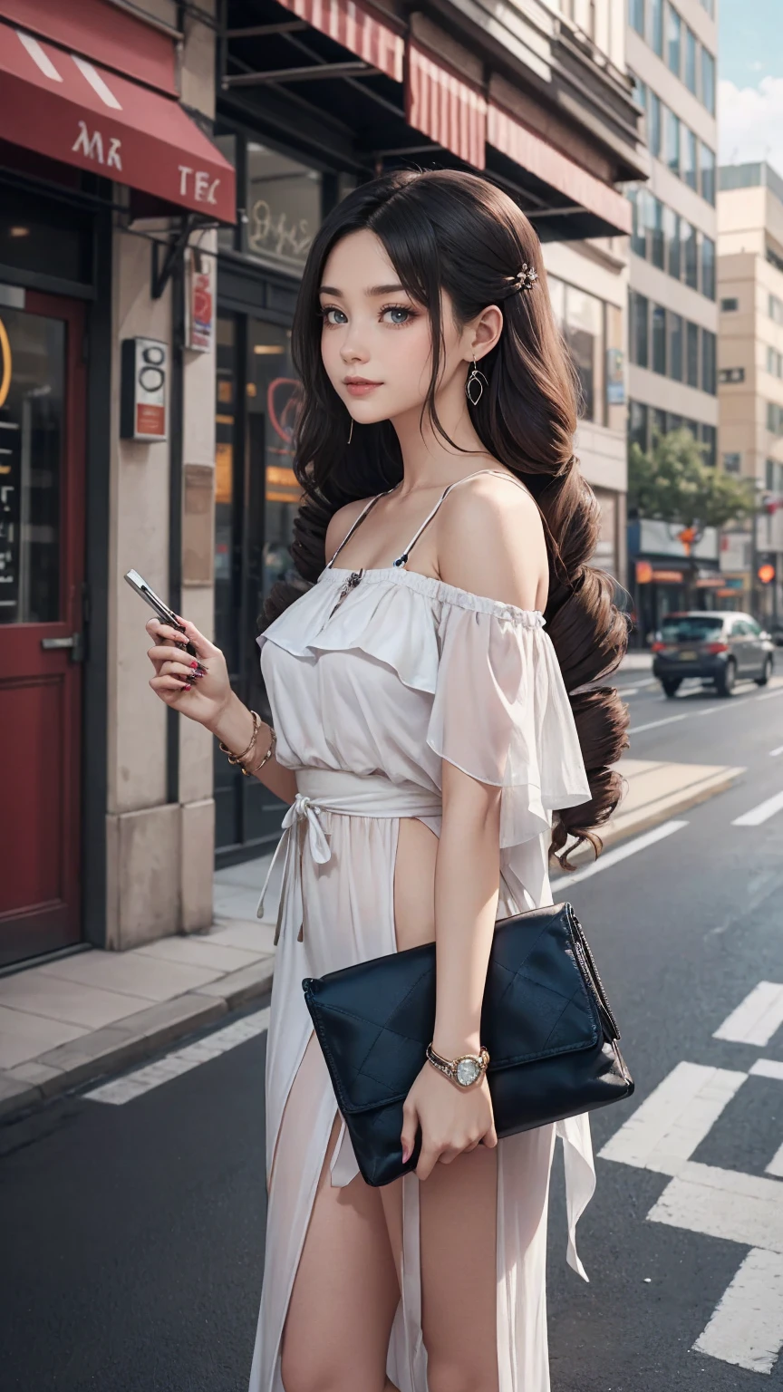 最high quality, 8K, masterpiece: 1.3, Ultra HD, high quality, 最high quality, High resolution, realism)) 、25 year old white woman、brunette、blue eyes、long hair、smile、slender、slenderだがアスリートのような細マッチョ、I don't want my head to disappear from the screen.、Wear accessories on your wrist、Wearing red nail polish、I have a peticure、Wear a sheer, off-the-shoulder bodycon top、wear sandals、have a clutch bag、Skyscraper background、Waiting for a traffic light at an intersection、crystal earrings((crystal earrings))、inner color((colored inner hair))、long hair ((long hair))、dark blonde、Double vertical roll((twin drills))