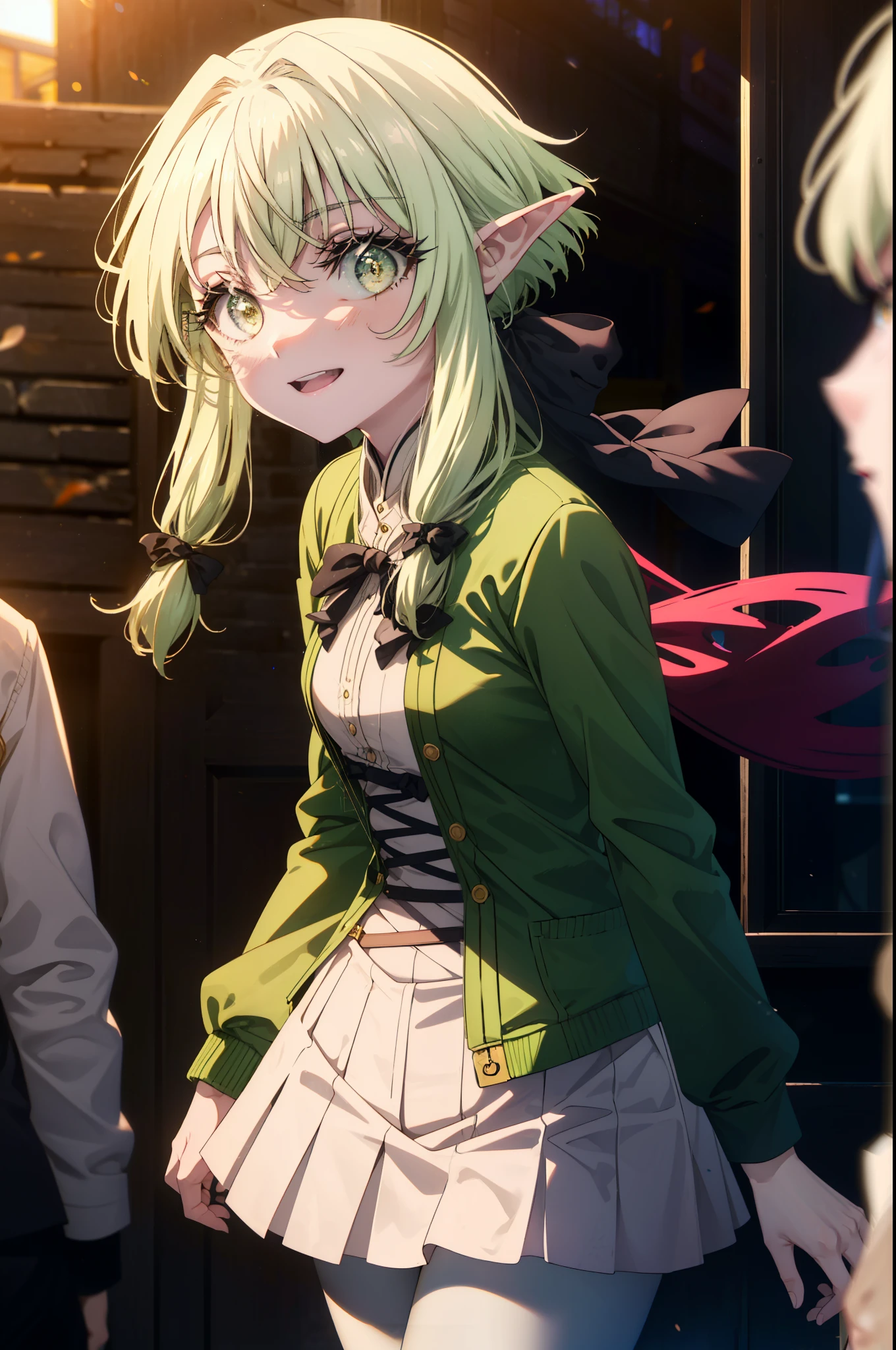 highgoblinarcher, high goblin archer, long hair, (green eyes:1.5), bow, hair bow, black bow, side lock, green hair, pointed ears, happy smile, smile, open your mouth,goblin,White Y-shirt,Green Blazer,Pink cardigan,Green pleated skirt,white pantyhose,brown loafers,walking,sunset,evening,The sun is setting,
break outdoors, In town,building street,
break looking at viewer, (cowboy shot:1.5),
break (masterpiece:1.2), highest quality, High resolution, unity 8k wallpaper, (figure:0.8), (detailed and beautiful eyes:1.6), highly detailed face, perfect lighting, Very detailed CG, (perfect hands, perfect anatomy),