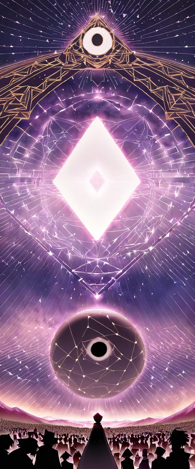 #quality(8k,wallpaper of extremely detailed CG unit, ​masterpiece, hight resolution, top-quality, top-quality real texture skin,hyper realisitic, digitial painting,increase the resolution,RAW photos，best qualtiy,highly detailed,the wallpaper), you can see the huge Eye of Providence,(at there many people watching at Eye of Providence),#Eye of Providence(so huge,geometric:2.0,baklit,),#background(in the town,huge Eye of Providence in the sky,many people looks so small from far away:1.8,sky is blue),long shot,long view,from back:1.6