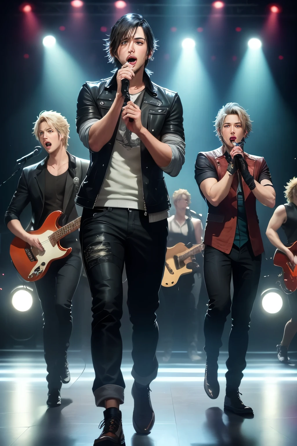 ((best quality)), ((masterpiece)), (clean facial features), (highly detailed Faces), (full body), Final fantasy XV, ((four boys are on stage singing)), They're names are Noctis Lucis Caelum, Gladiolus Amicitia, Ignis Scientia, Prompto Argentum,