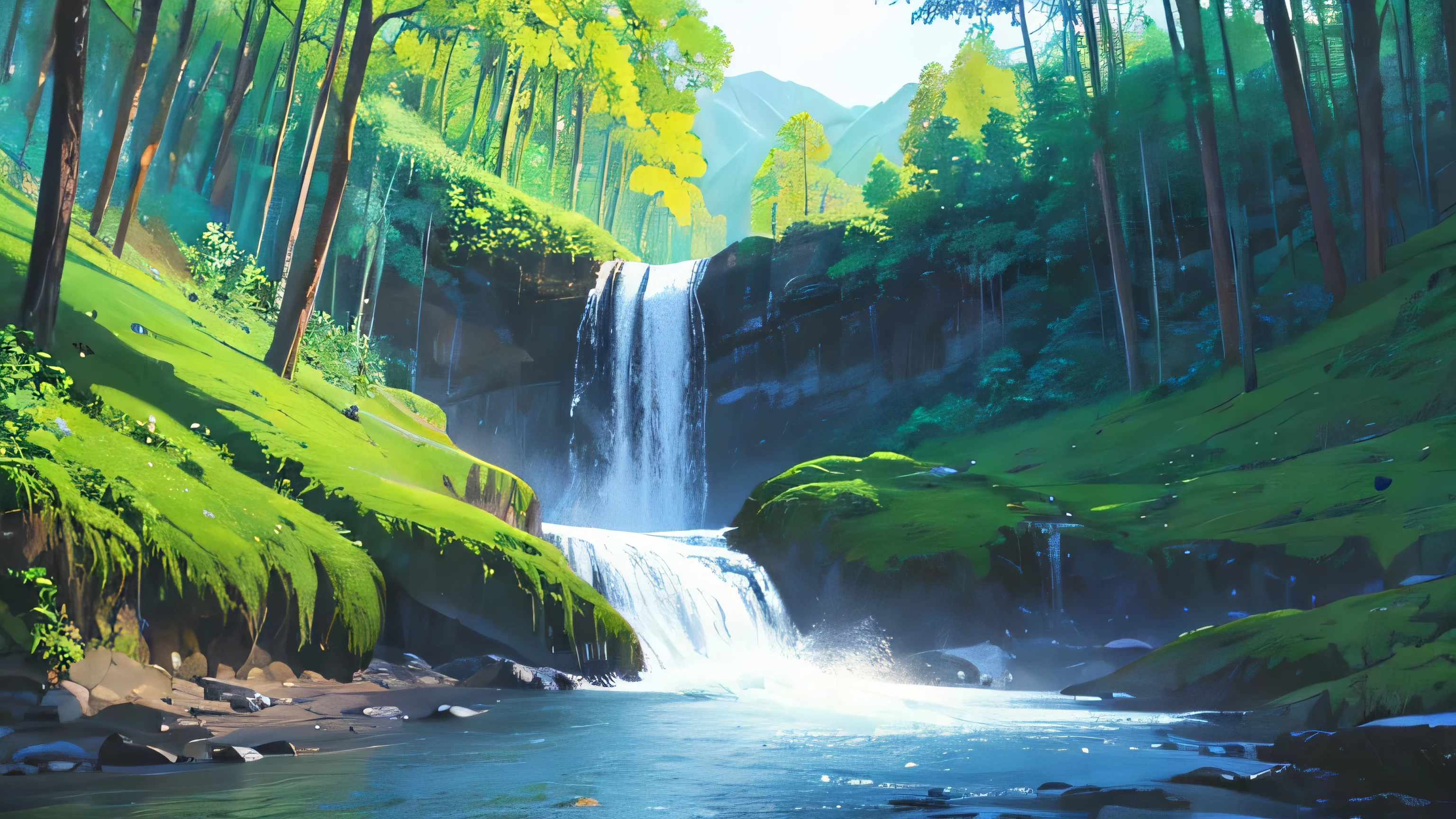 Painting of a waterfall with a rainbow in the middle of it, rainbow river waterfall, with trees and waterfalls, ethereal rainbows, forest and waterfall, just one rainbow 8 k, rainbow, beautiful digital painting, cascading iridescent waterfalls, fantasy painterly style, stunning digital painting, with waterfalls and river, magical forest backround, an endless waterfall, wash technique, colorful, a painting with dripping and scattered paint, Soft Illumination, high quality, master piece