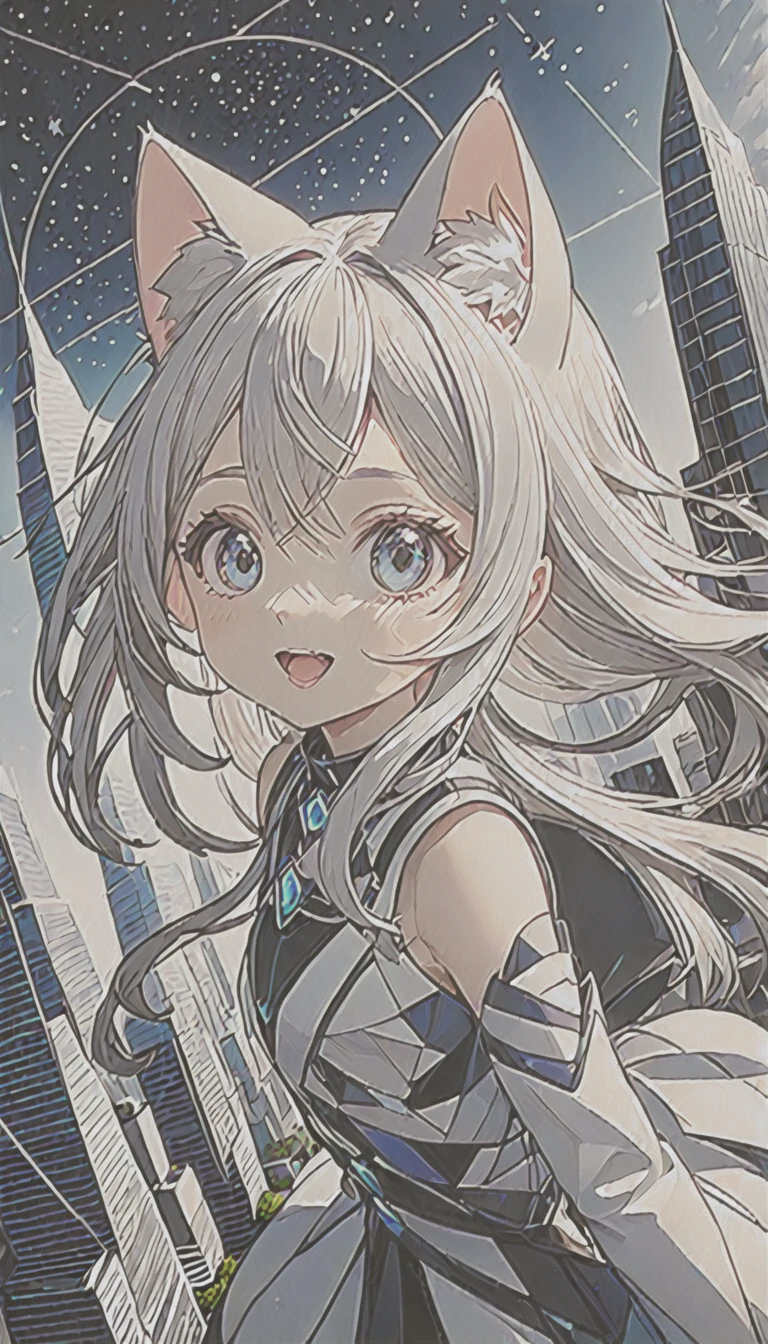 #quality(8k,wallpaper of extremely detailed CG unit, ​masterpiece, hight resolution, top-quality, top-quality real texture skin,hyper realisitic, digitial painting,increase the resolution,RAW photos，best qualtiy,highly detailed,the wallpaper),very geometrical skyscrapers,#catgirl(catgirl:1.2,cat ear,cat eye,cute, kawaii,,hair floating,hair shining brightly,long hair,eye color cosmic,big eyes,pale skin,detailed face,smile,open mouth,cosmic),#background(very geometrical skyscrapers)